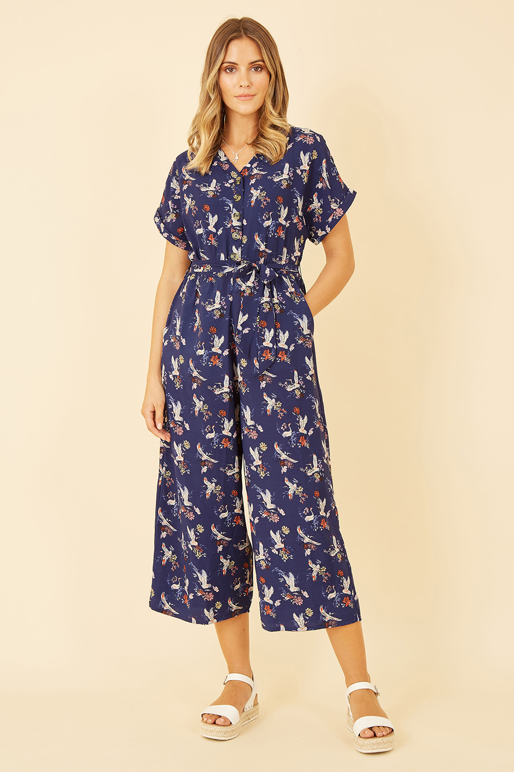 Yumi Women's Crane Print Culotte Jumpsuit Navy - 8 (XS) - Image 3