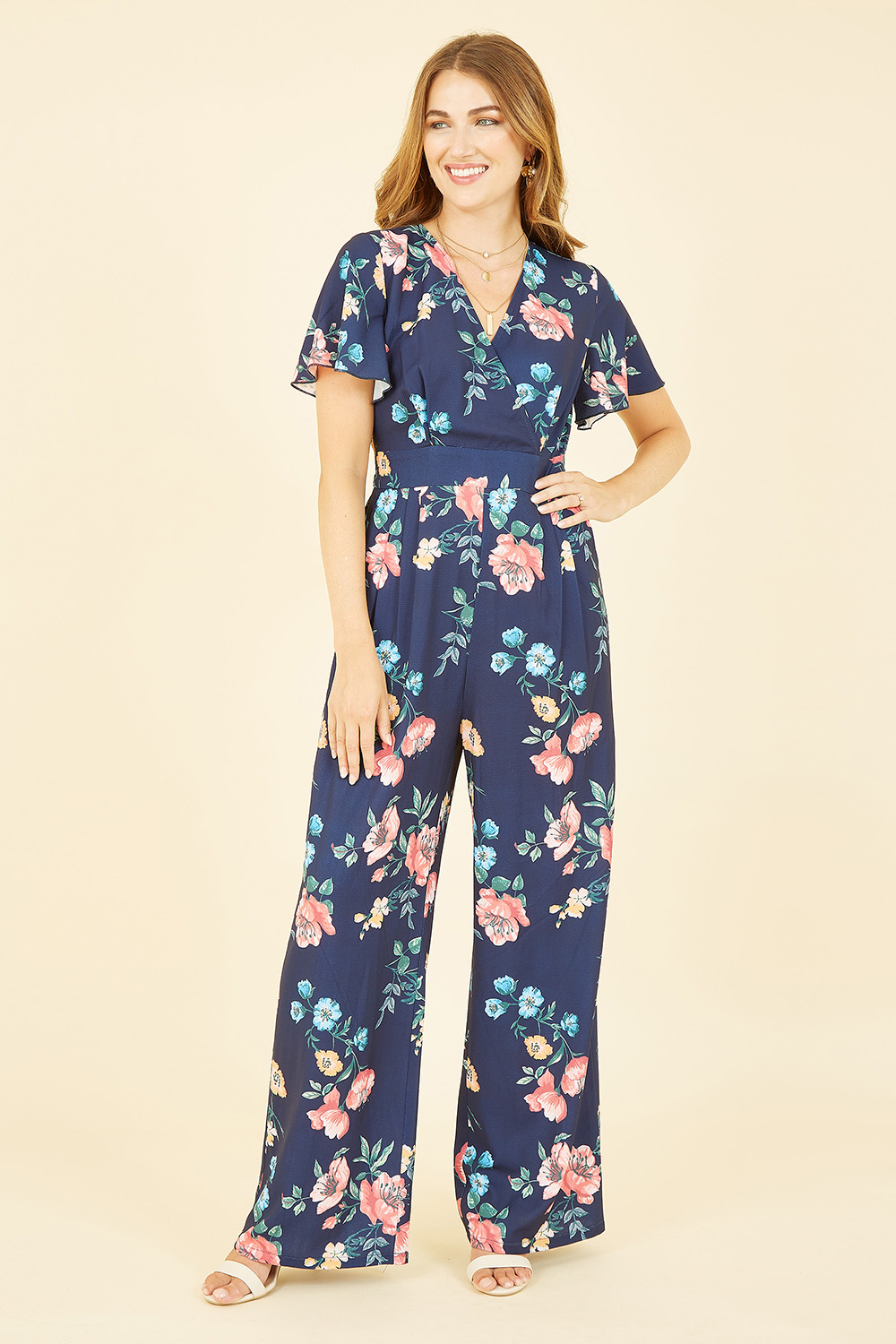 Yumi Womens Navy Floral Angel Sleeve Jumpsuit - Size 10 UK