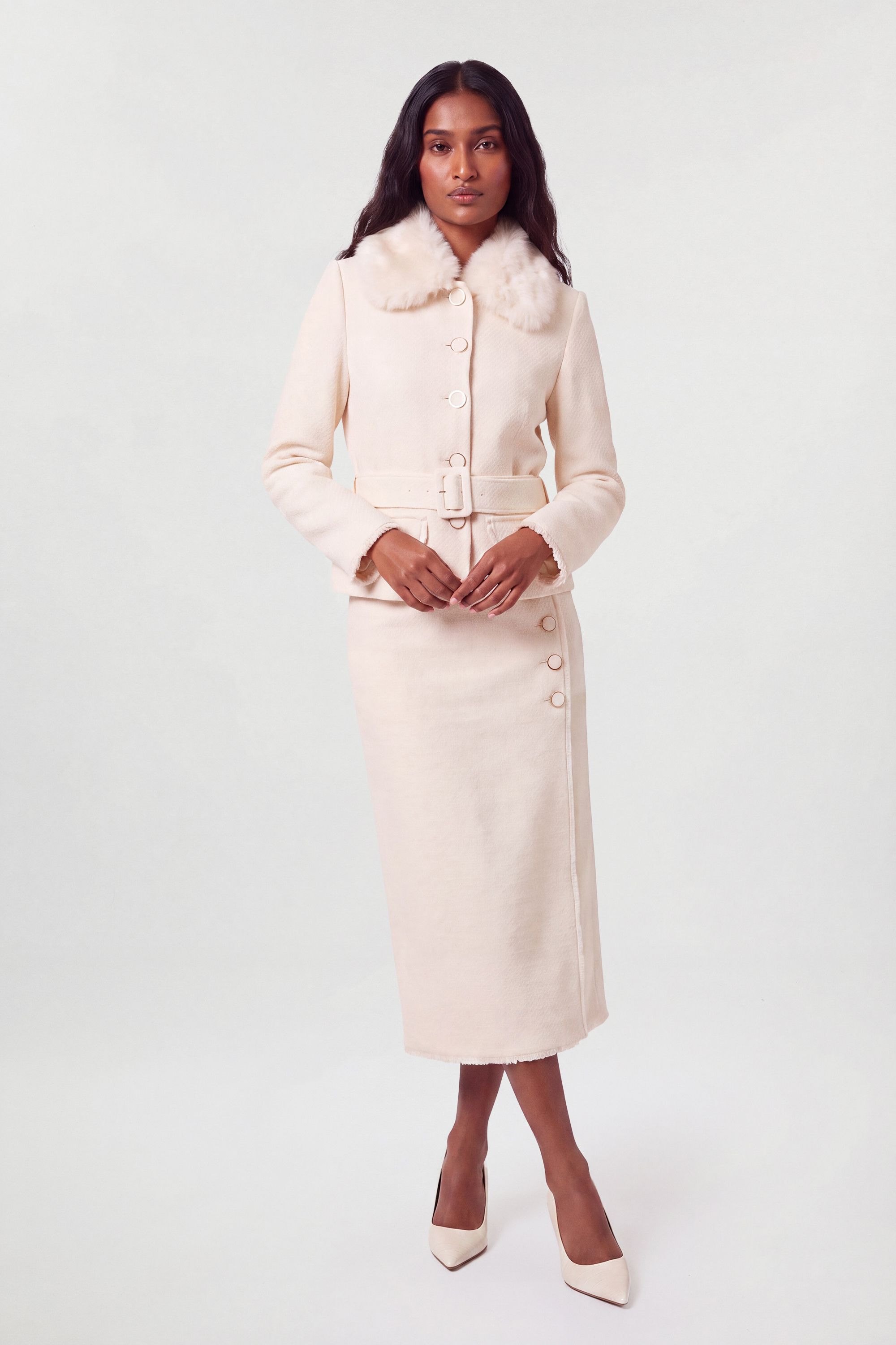 Karen Millen Womens Petite Texture Tweed Button Midi Pencil Skirt – Ivory