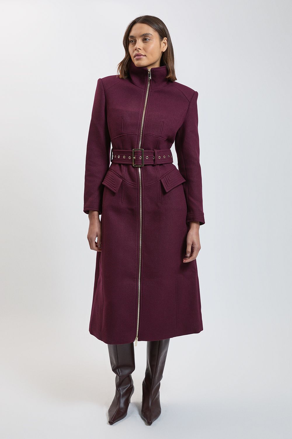 Karen Millen Womens Wool Tailored Corset Detail Maxi Coat – Burgundy