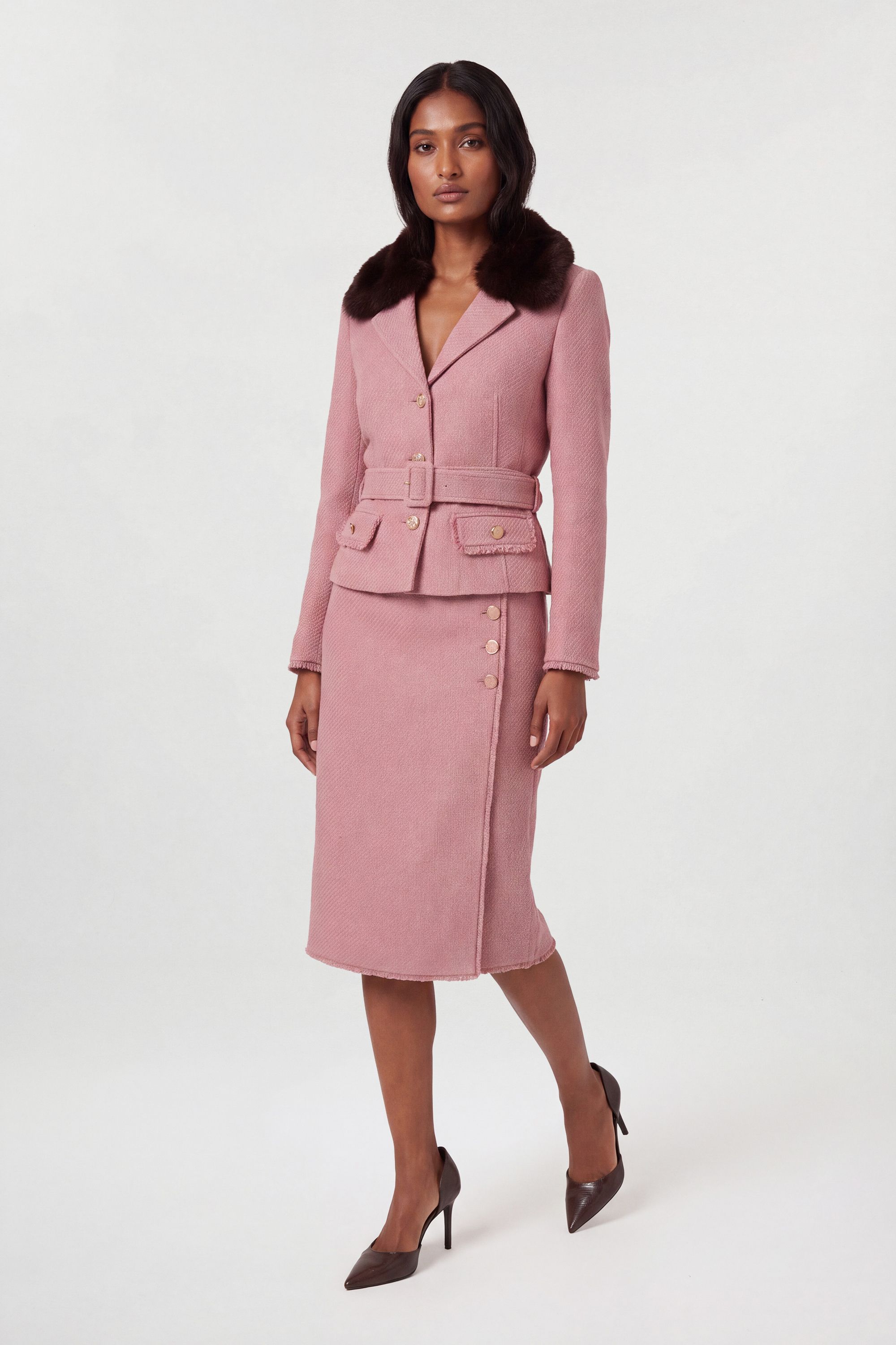 Karen Millen Womens Petite Texture Tweed Button Midi Pencil Skirt – Dusty Pink