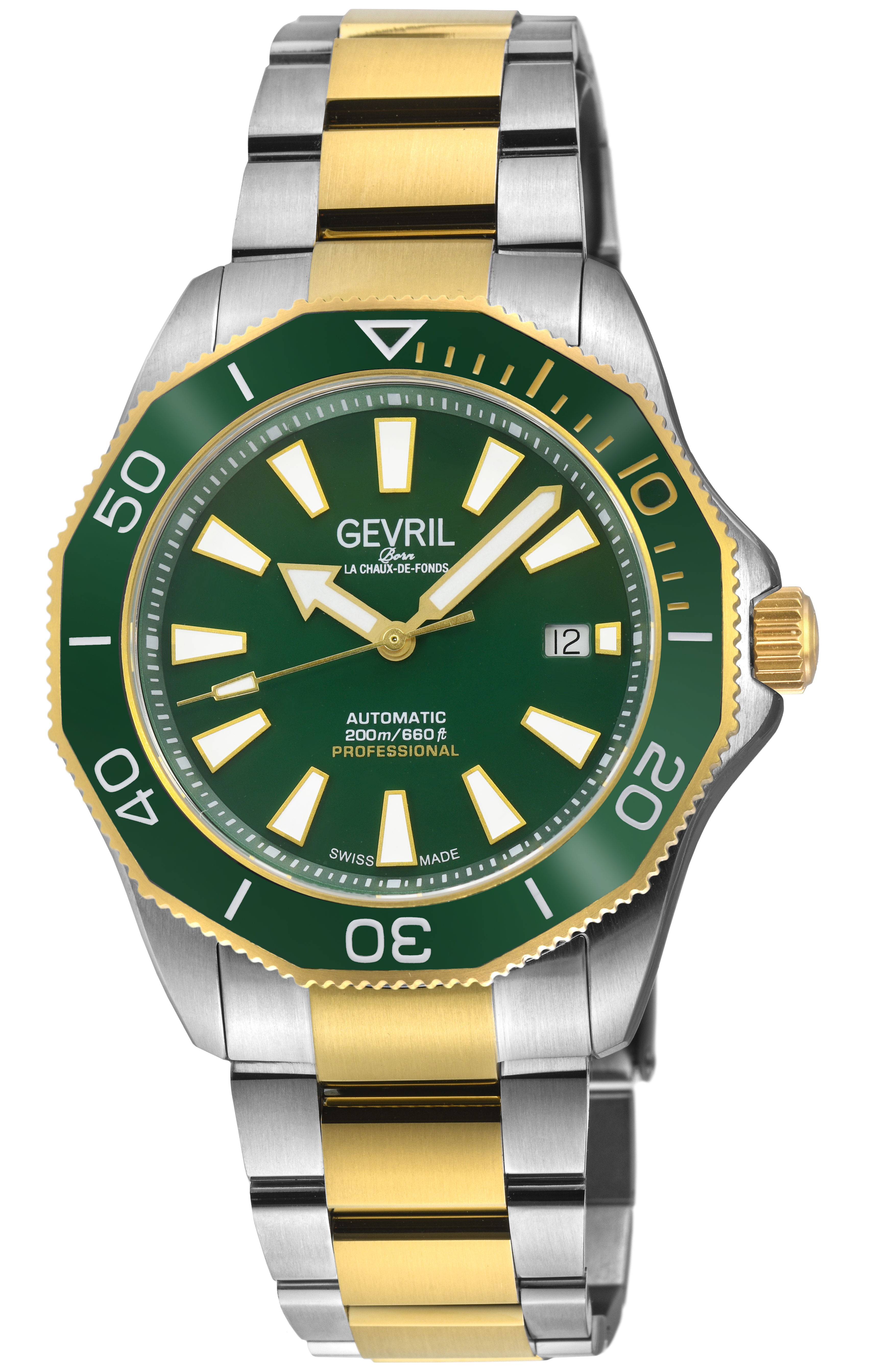 Gevril Mens Pier 90 Swiss Automatic Movement, Sellita SW200-1 IPYG Case, Ceramic inlay in Green, Dial, SS/IPYG Two toned Satin and Polished Bracelet – Silver & Gold