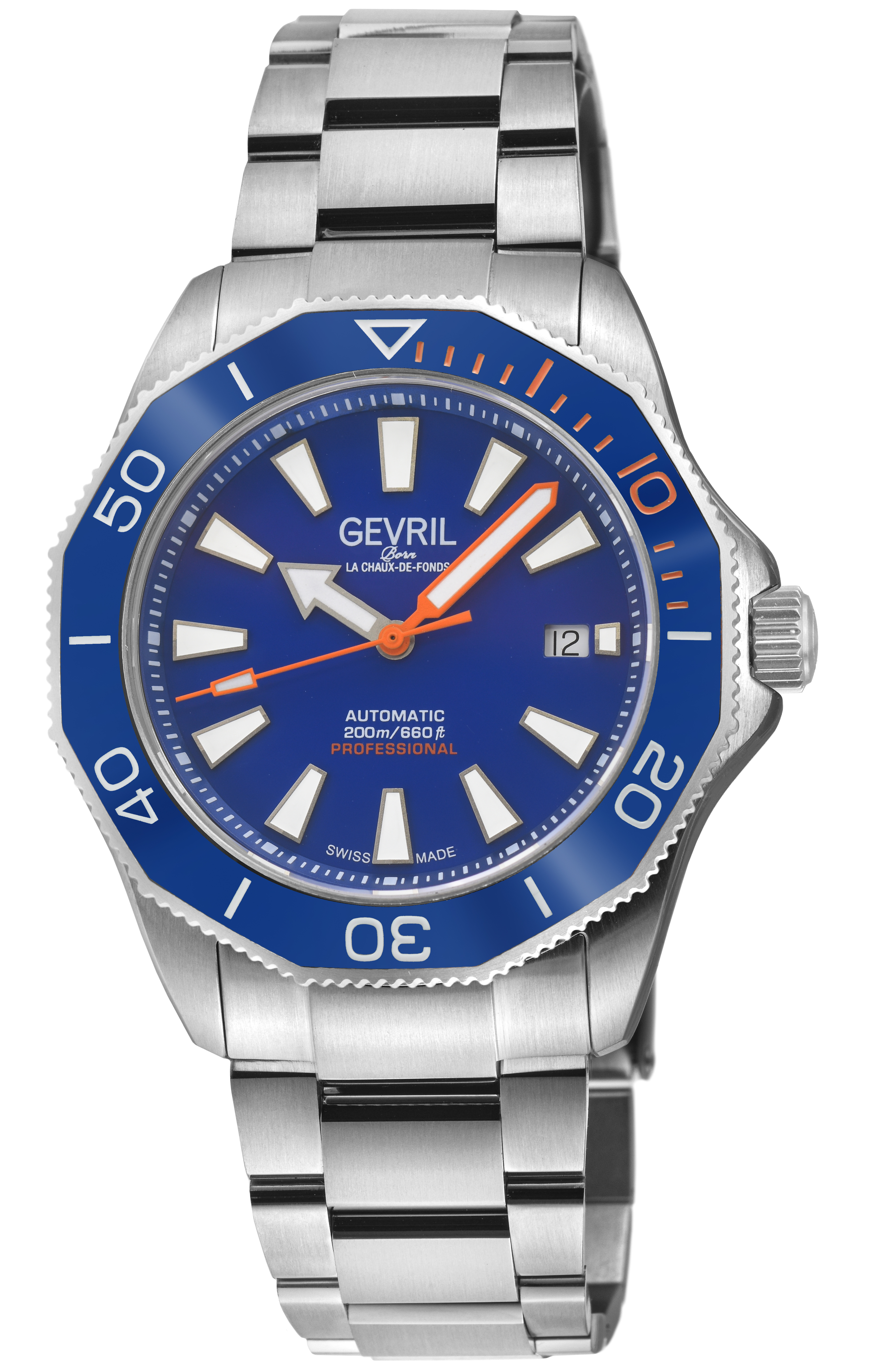 Gevril Mens Pier 90 Swiss Automatic Movement Sellita SW200-1 Ceramic inlay in Blue Bright Dial SS Satin and Polished Bracelet – Silver