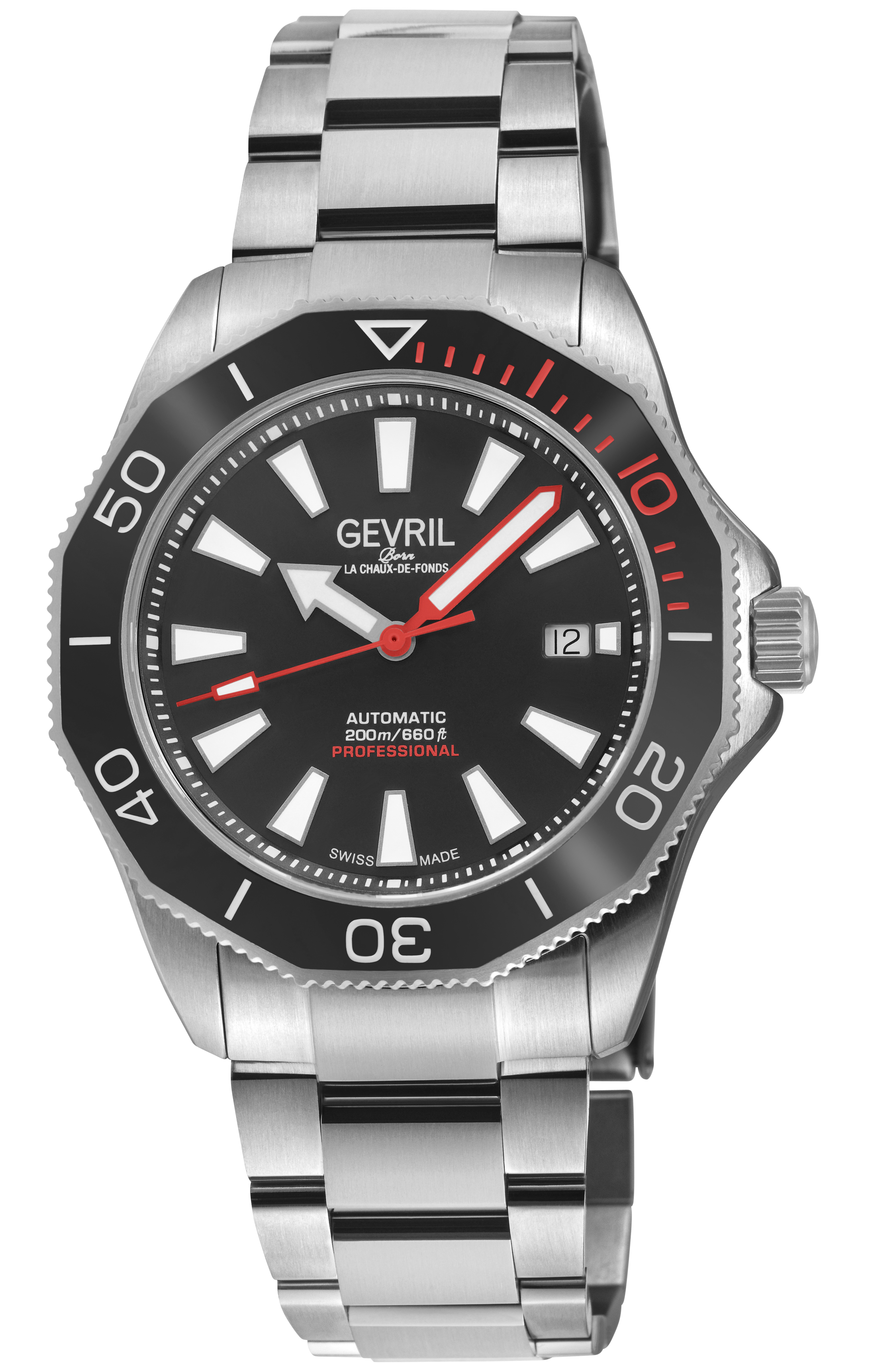 Gevril Mens Pier 90 Swiss Automatic Movement, Sellita SW200-1 IPYG Case, Ceramic inlay in Black, Dial, SS/IPYG Silver & Goldd Satin and Polished Bracelet – Silver & Gold
