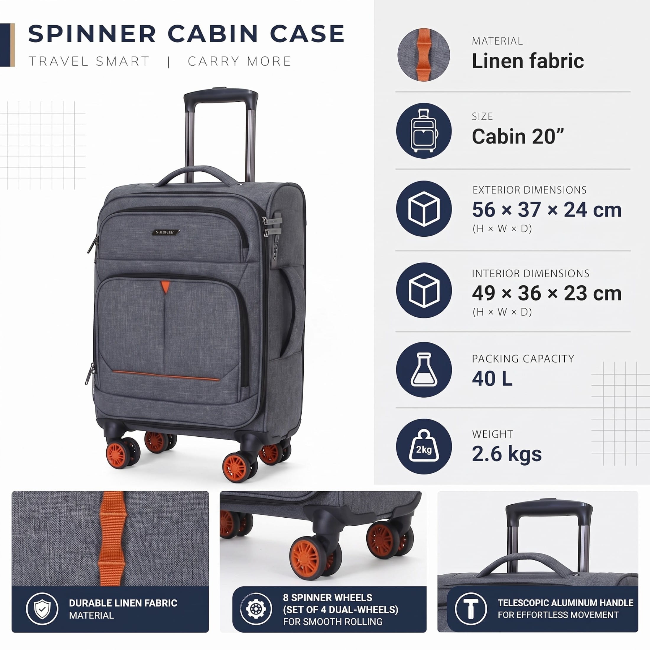 Infinity Leather Mjuk kabinväska i linne, svart, 56x37x24 cm, 8 hjul dam – bild 2
