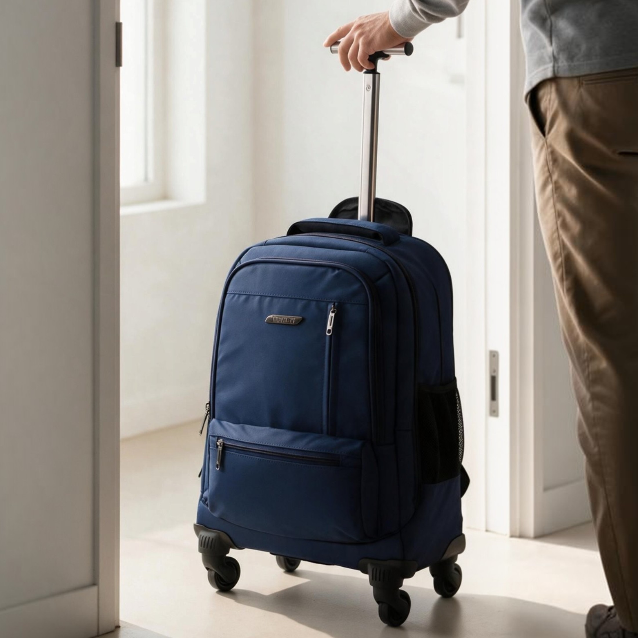 19" laptopryggsäck på hjul, blå, premium-PU, 4 hjul, trolleyryggsäck