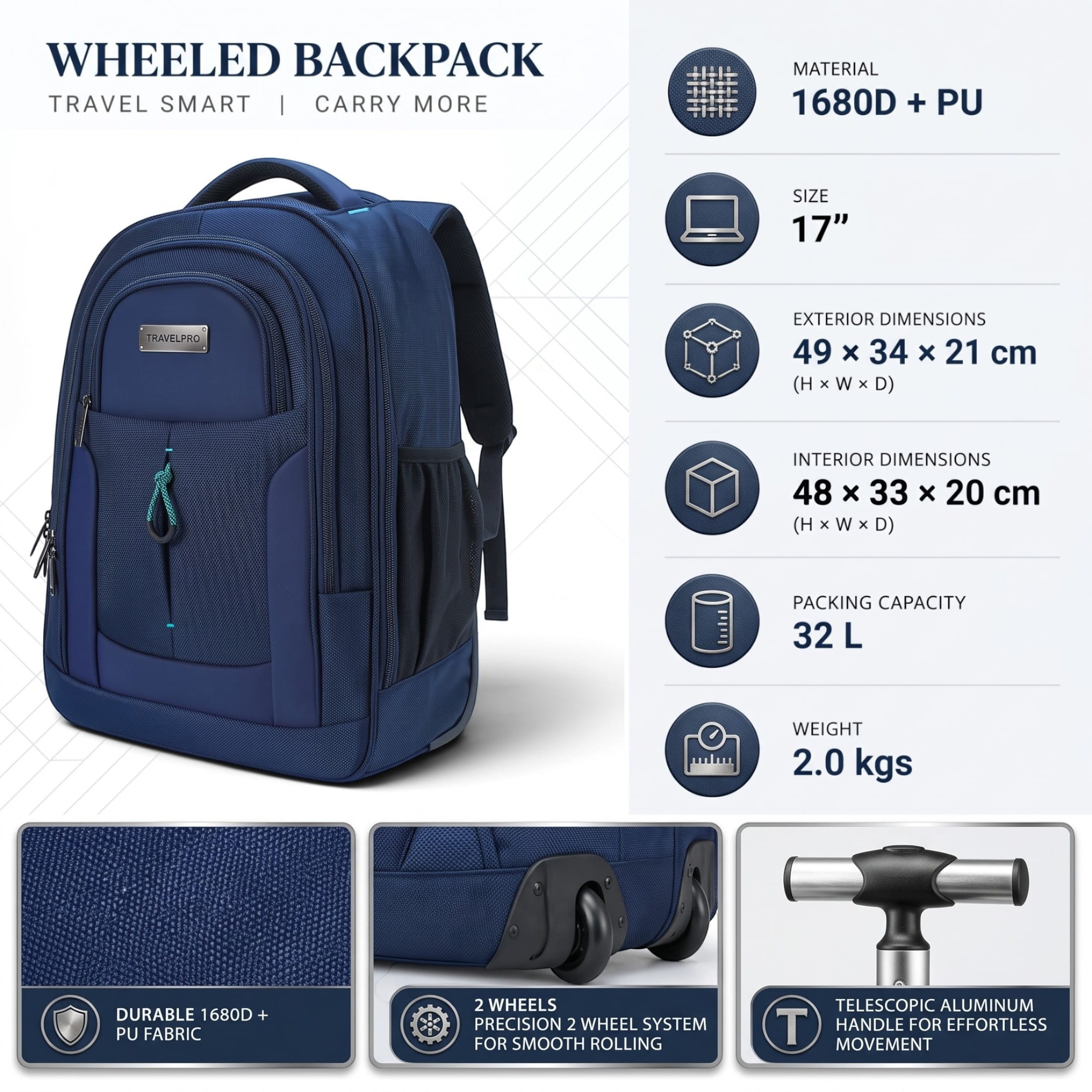 Infinity Leather 17" laptopryggsäck på hjul, blå, 1680D + PU, 2 hjul, trolleyryggsäck ryggsäckar herr – bild 2