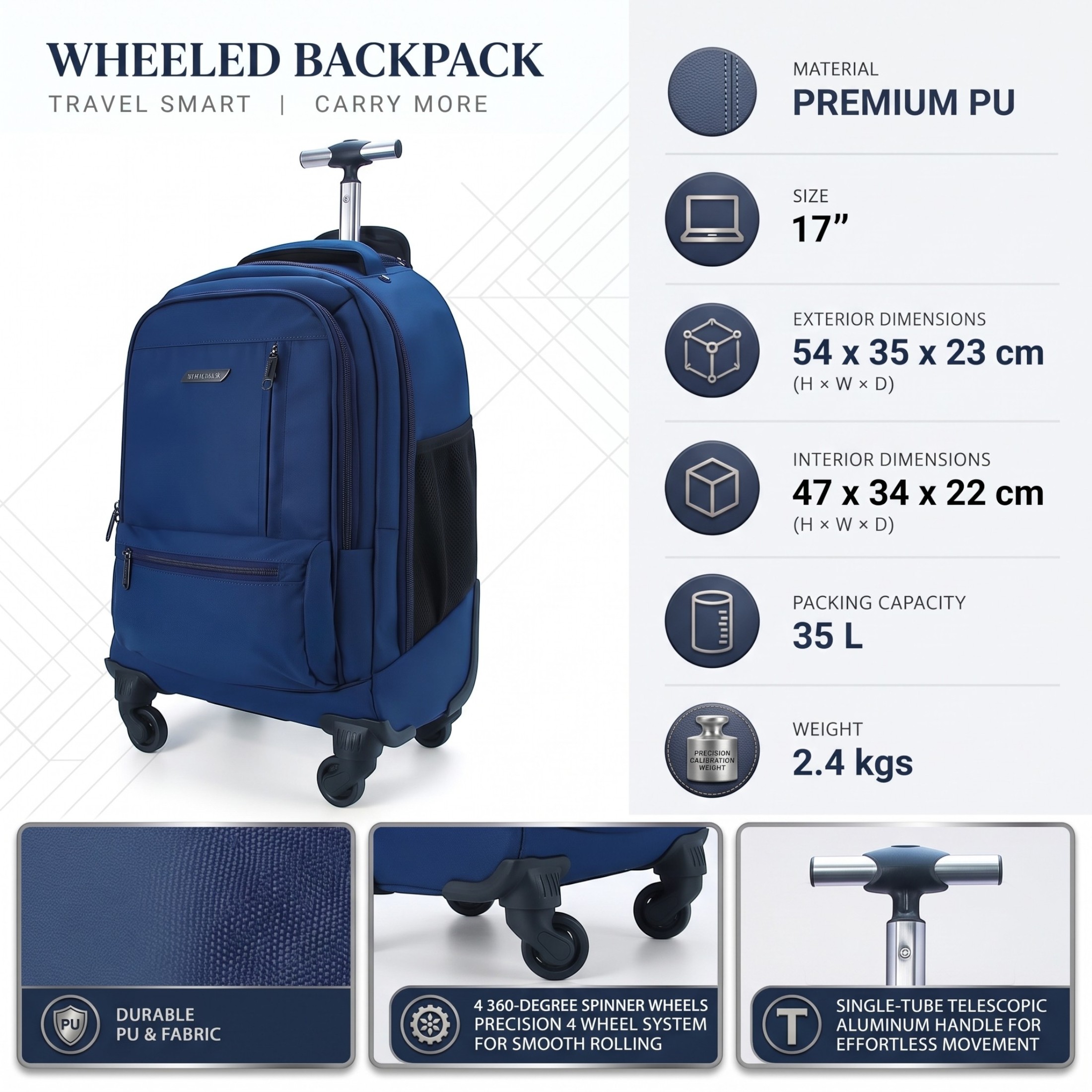 Infinity Leather 19" laptopryggsäck på hjul, blå, premium-PU, 4 hjul, trolleyryggsäck ryggsäckar herr – bild 2