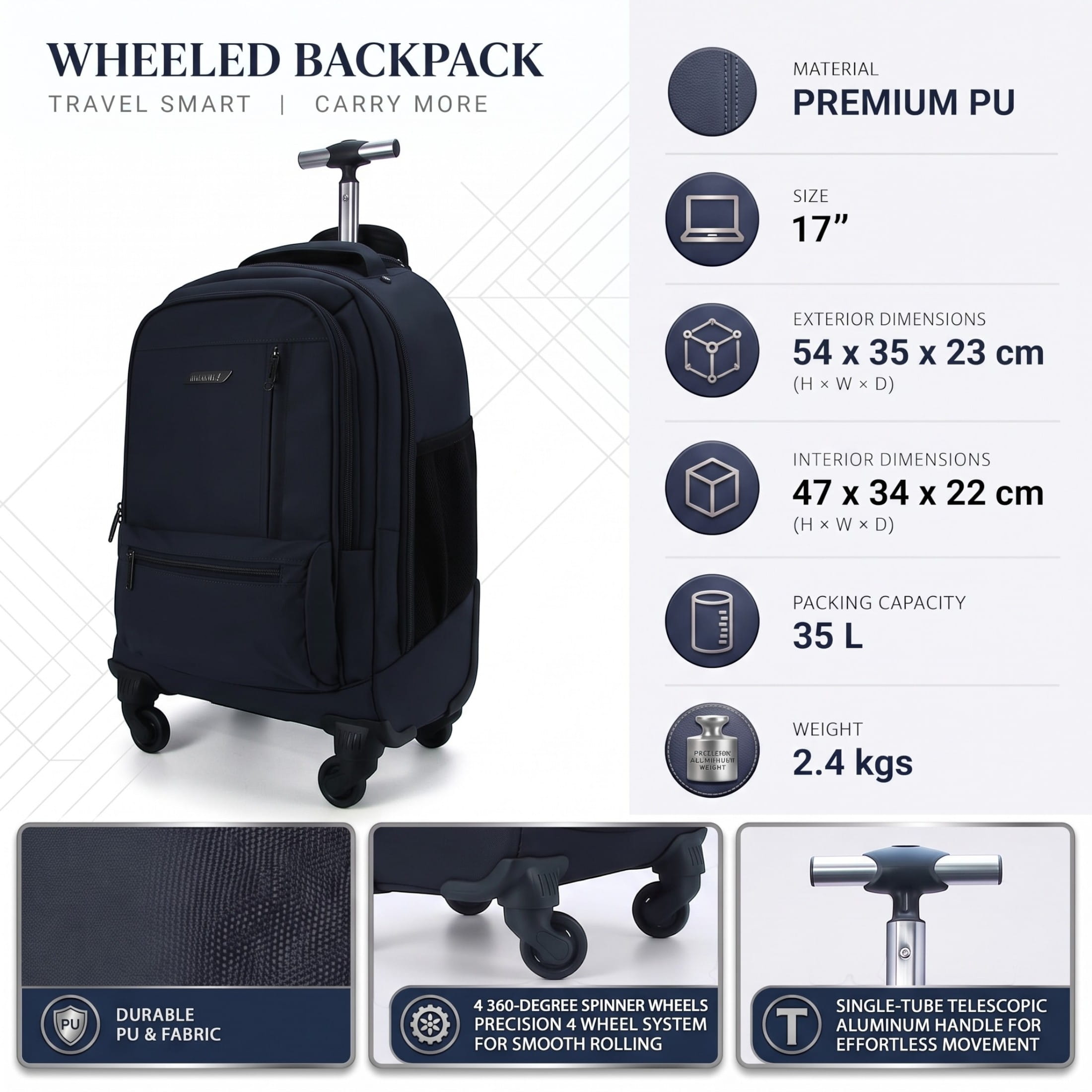 Infinity Leather 19" laptopryggsäck på hjul, svart, premium-PU, 4 hjul, trolleyryggsäck ryggsäckar herr – bild 2