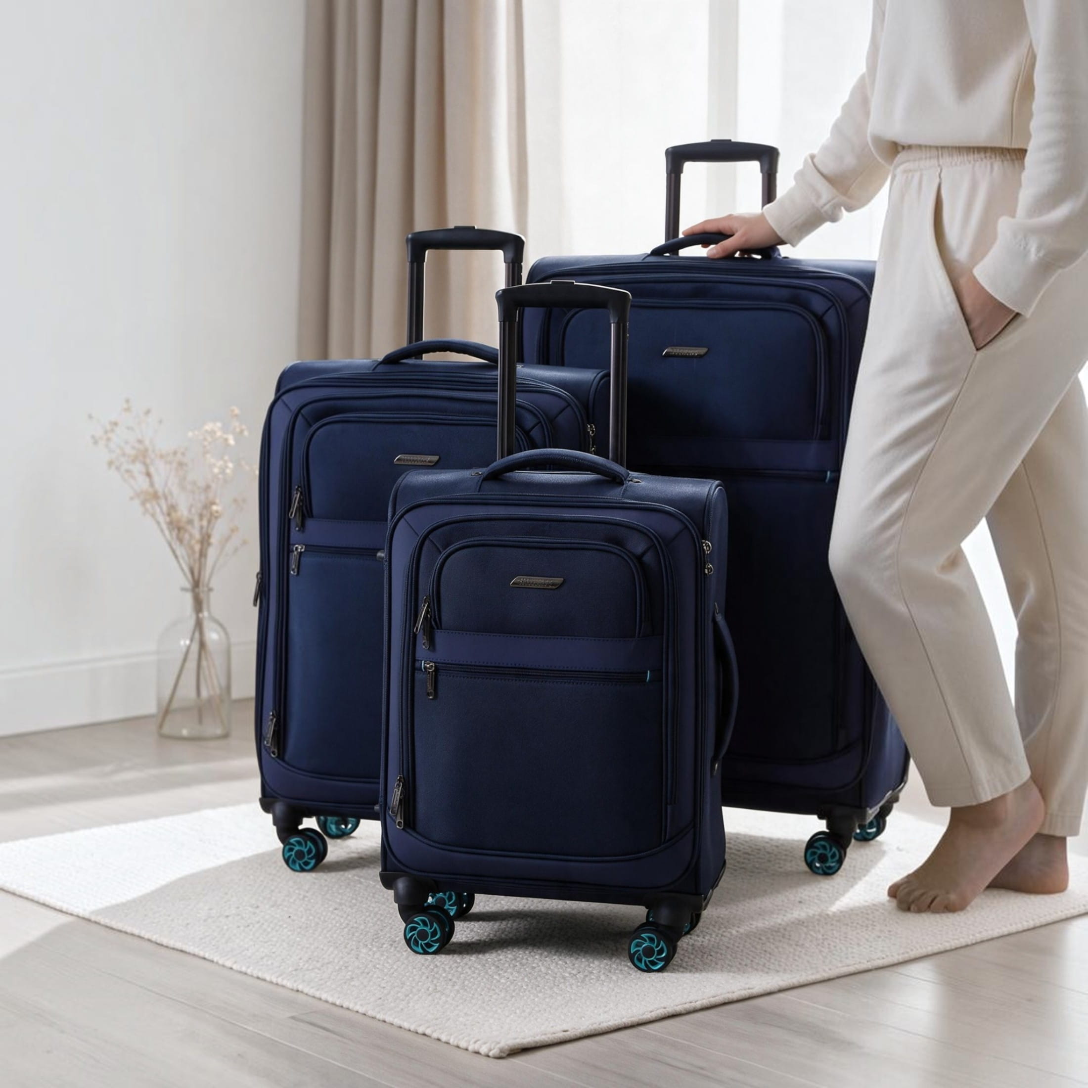 Zachte kofferset 1680D polyester blauw, 8 wielen, TSA