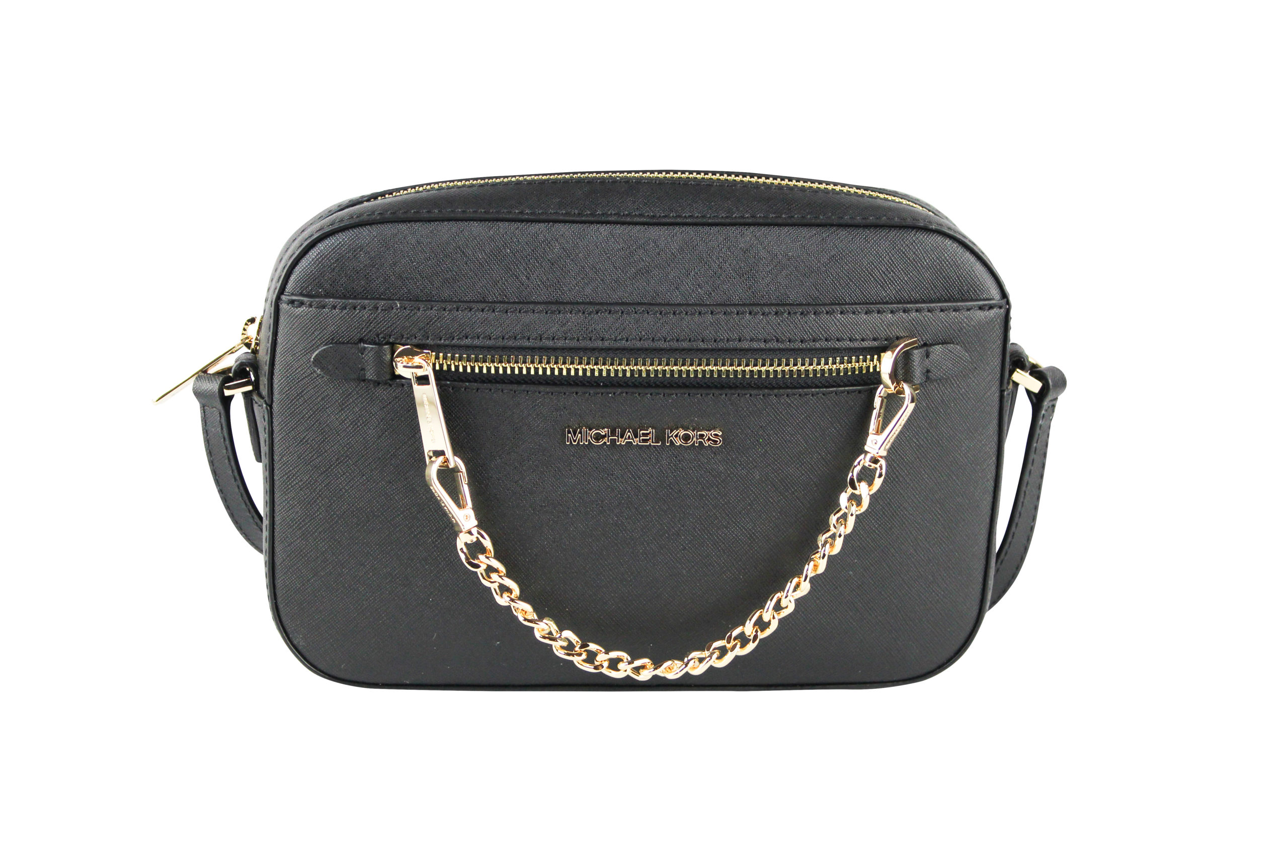 Kvinnors Jet Set Item Stor Öst-Väst Saffiano Läder Dragkedja Kedje Crossbody Handväska (Svart Enfärgad/Guld)