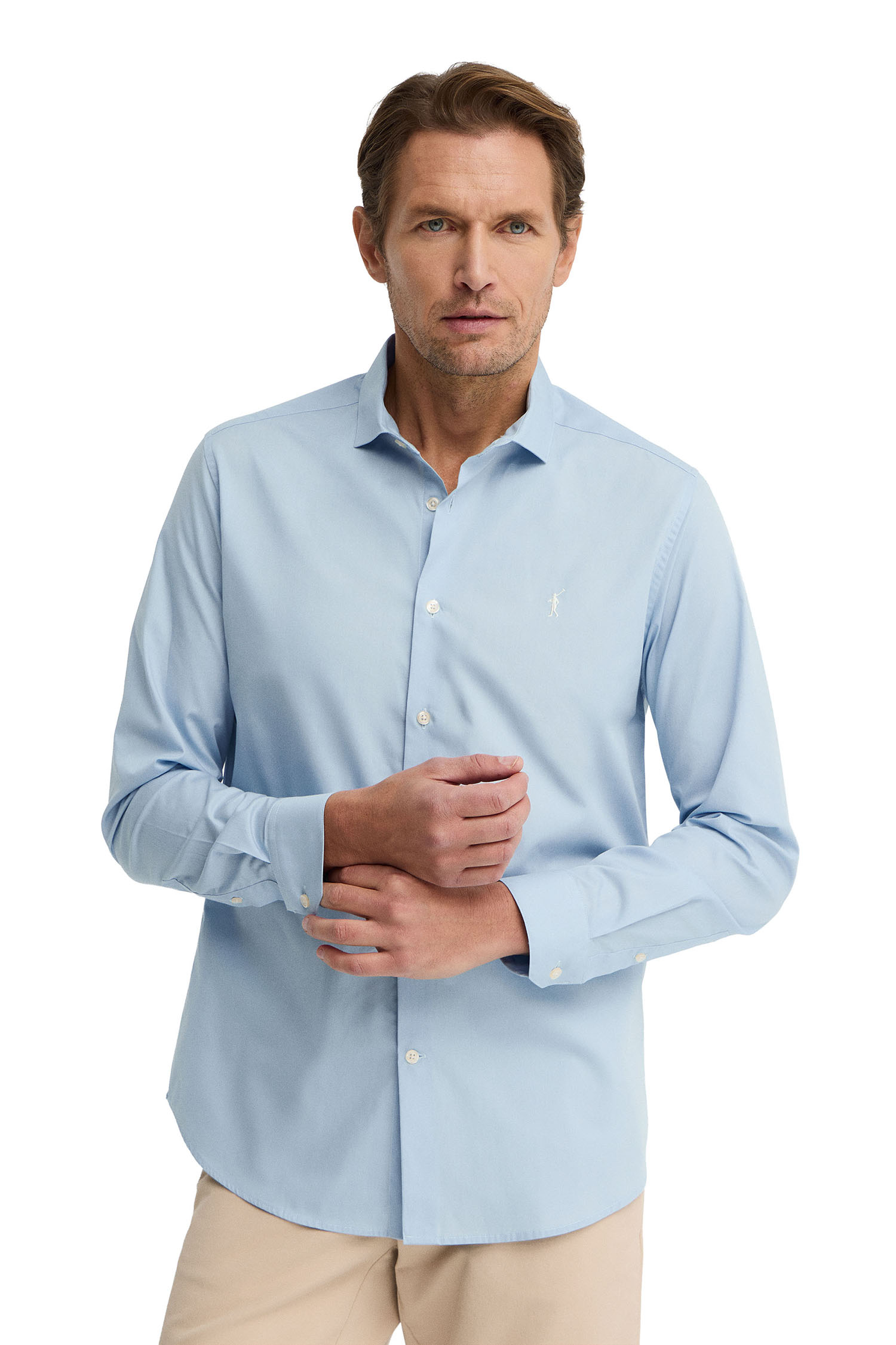 Lichtblauw hemd met slim fit en Rigby Go-logo