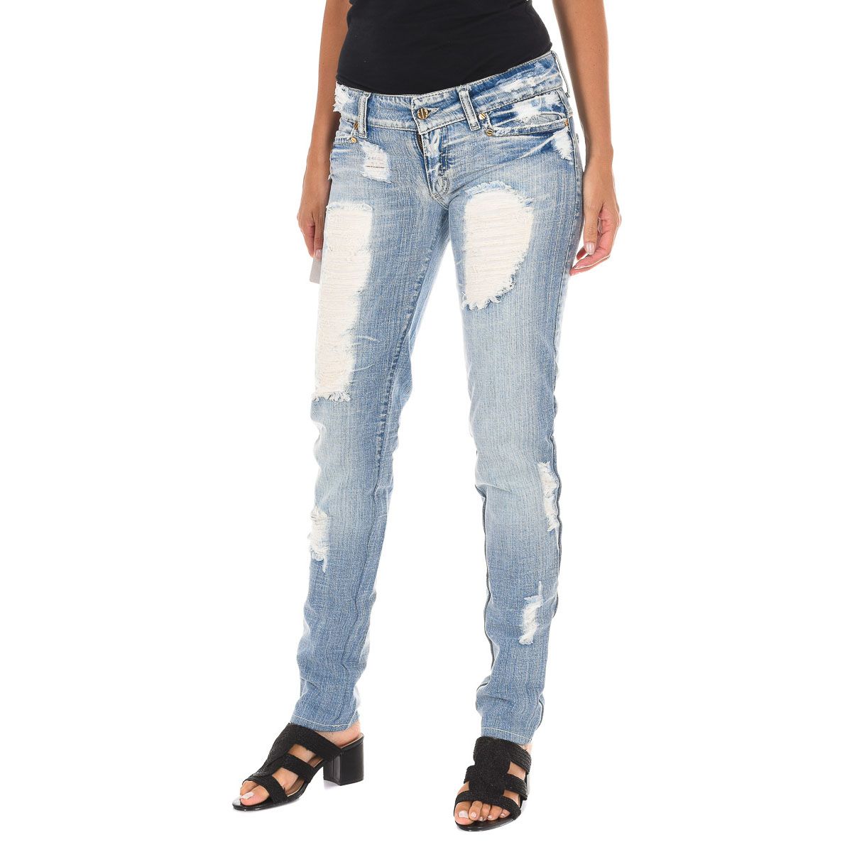Lange denim broek met gescheurd effect en chiffon D012929-D024 vrouw