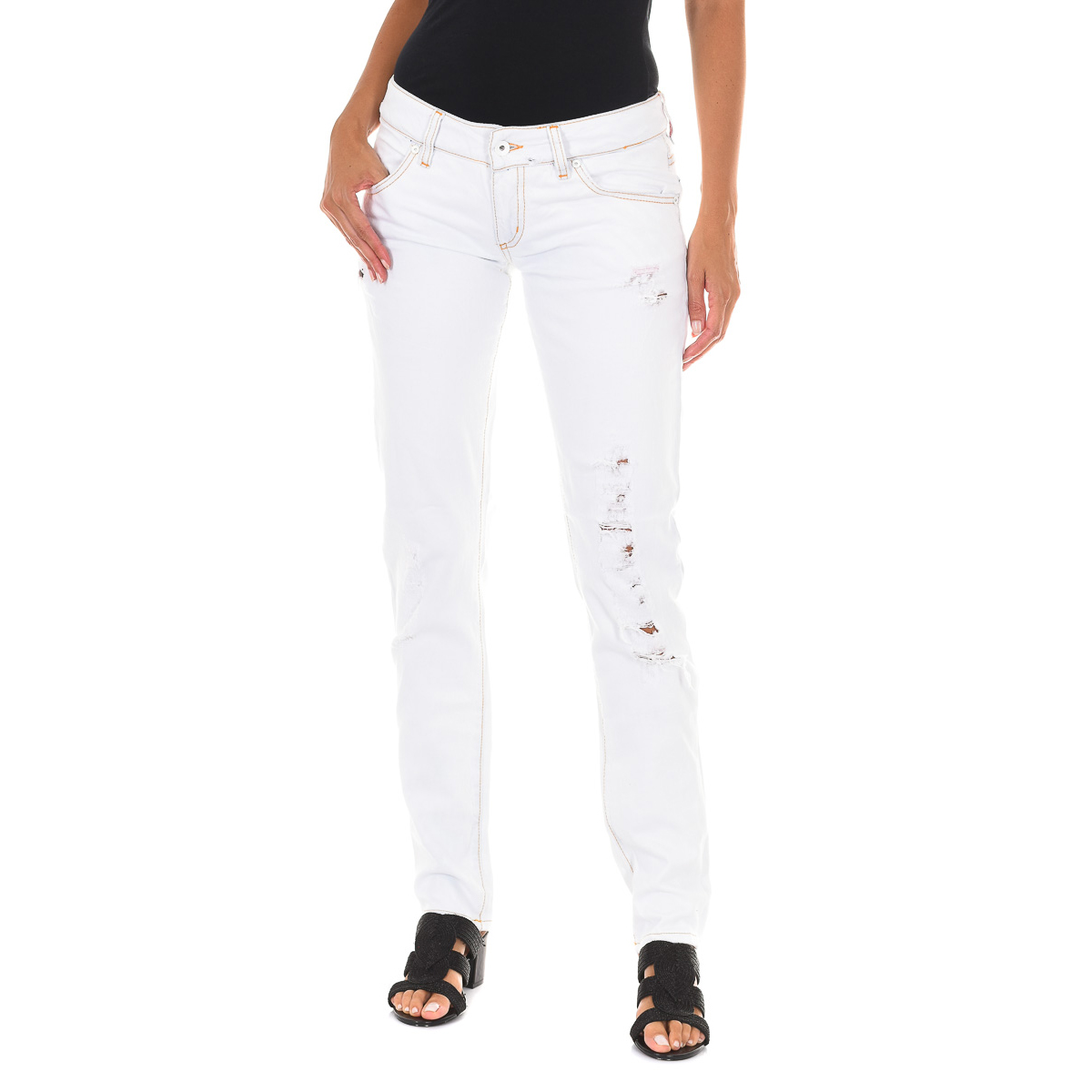 Lange denim broek met gescheurd effect en smalle zomen E014152 vrouw