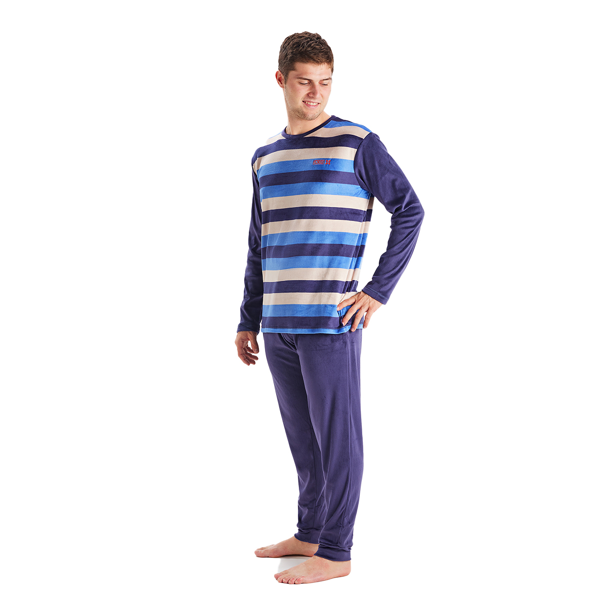 Långärmad sammetspyjamas med rund halsringning för män MU3