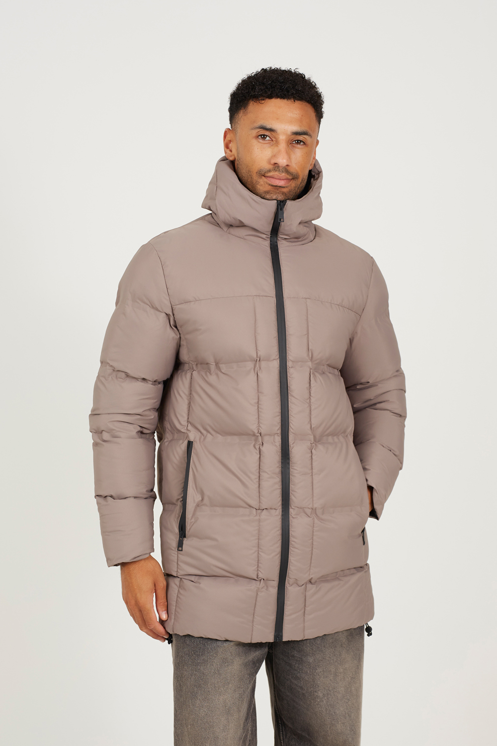Brave Soul Mens Taupe Longline Padded Hooded Jacket - Size Medium