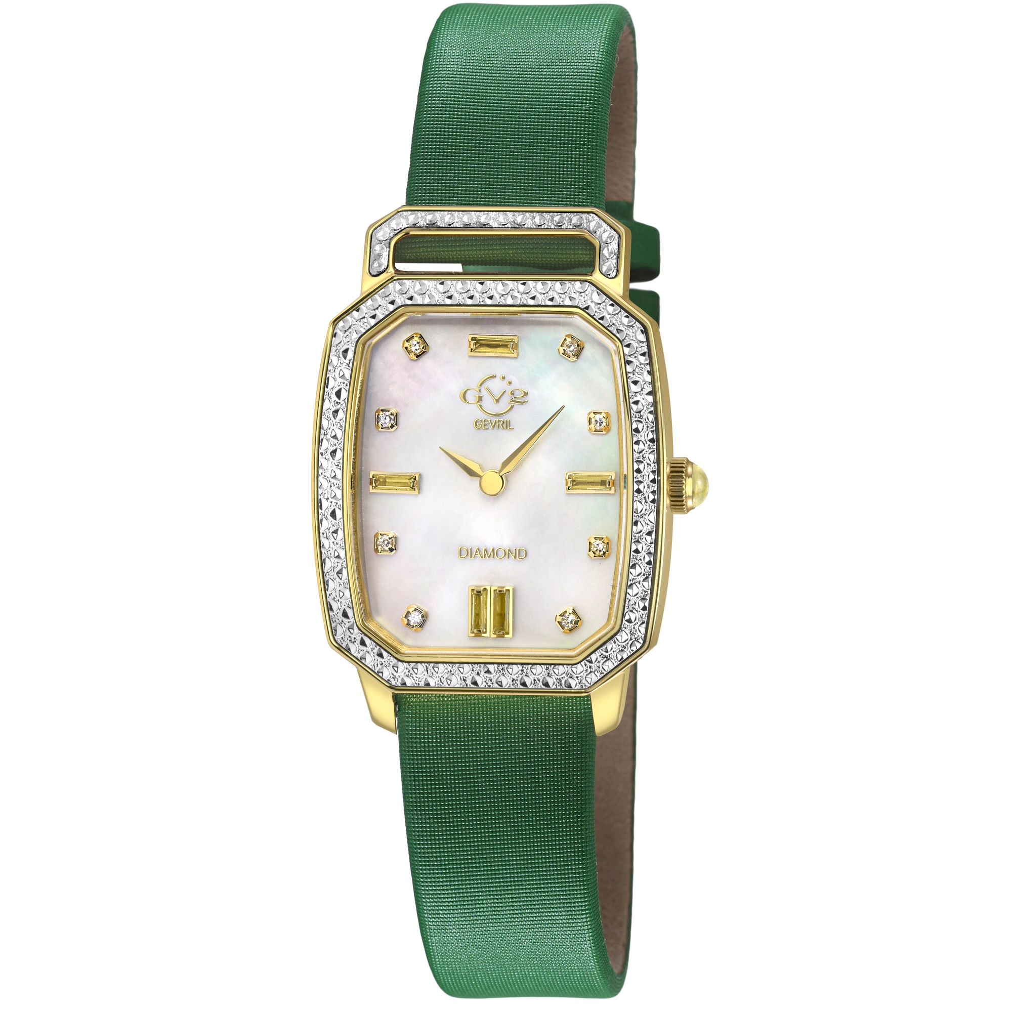 Gv2 Womens Pavia Diamond White MOP Dial Green Satin Handmade Italian Leather Watch