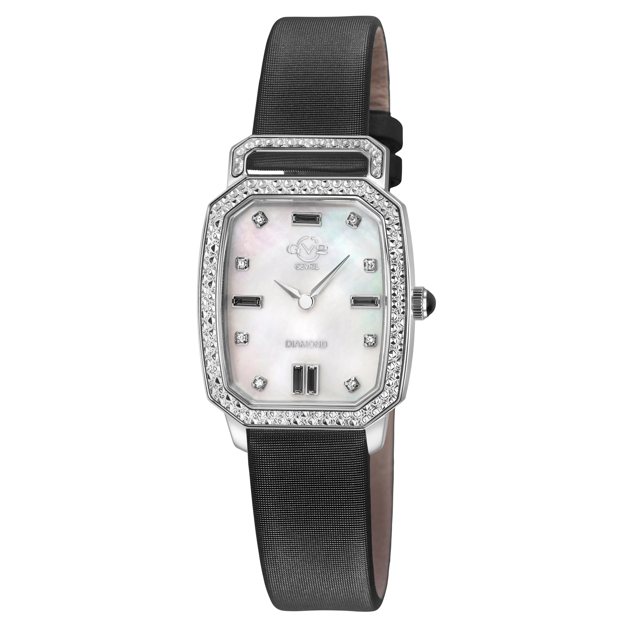 Gv2 Womens Pavia Diamond Swiss Quartz Dimaond White MOP Dial Black Satin Handmade Italian Leather Watch