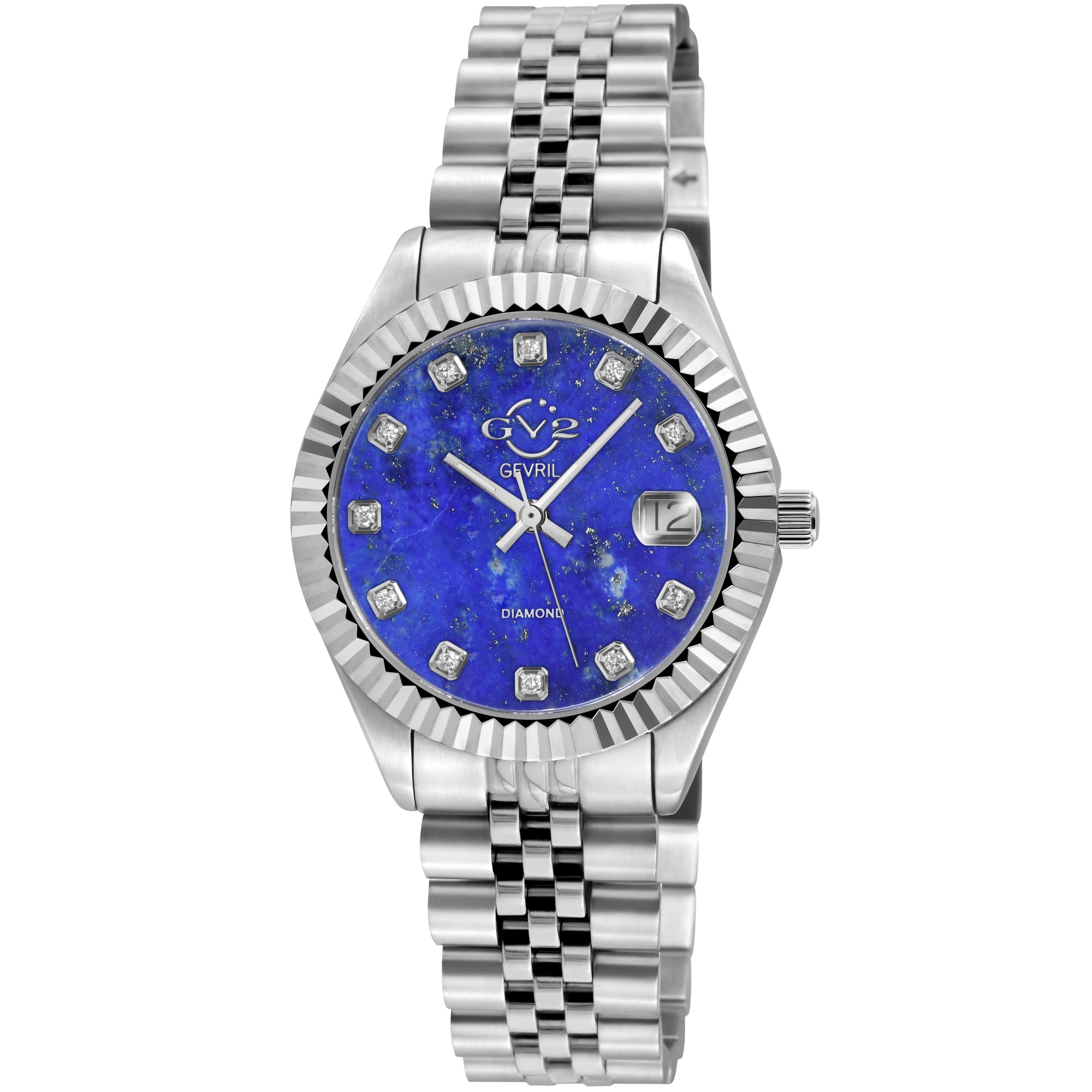 Gv2 Womens Naples Stone Swiss Quartz Diamond Blue Lapis Dial 316L Stainless Steel Watch – Silver