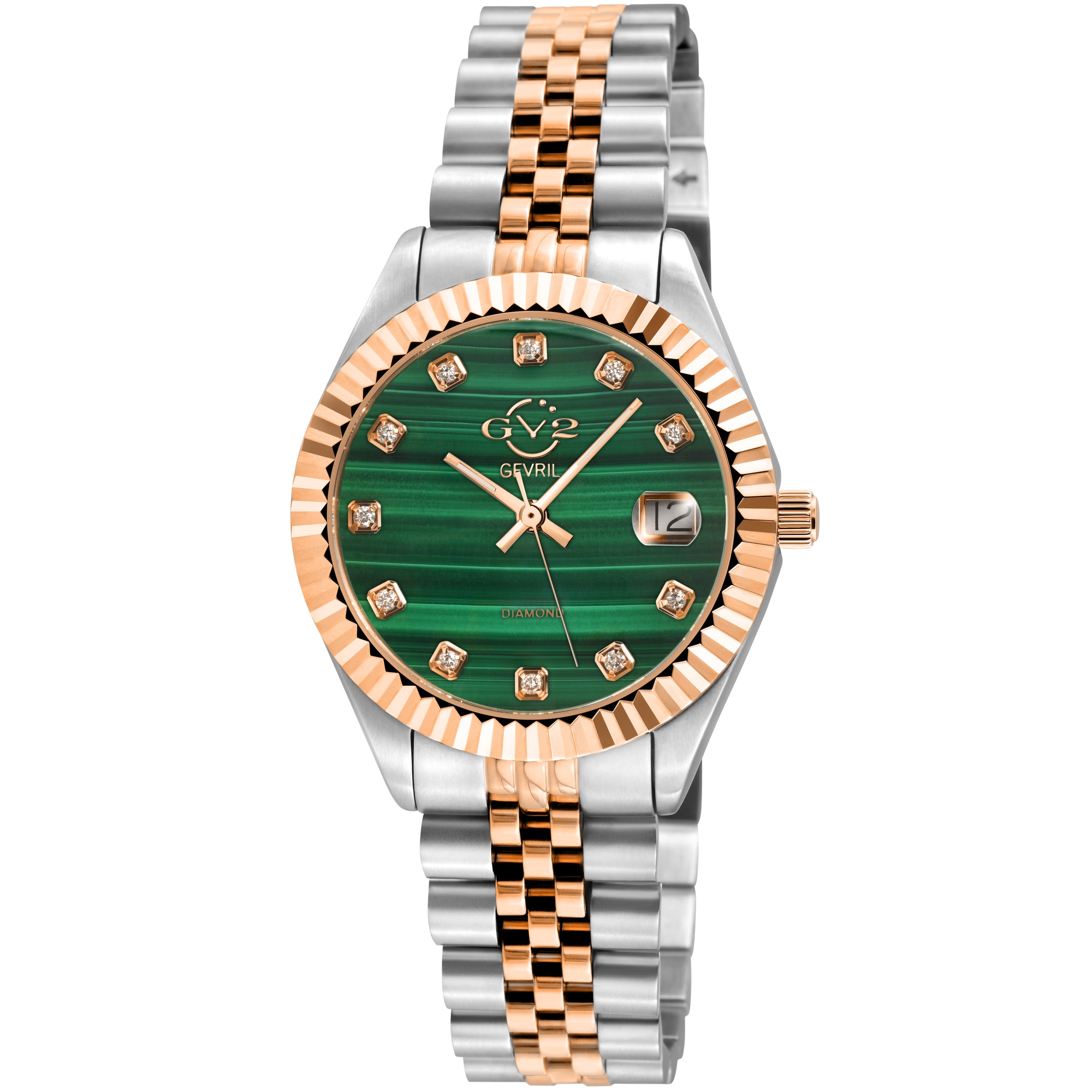 Gv2 Womens Naples Stone Swiss Quartz Diamond IPRG Case Malachite Dial Two Tone Bracelet Watch – Silver & Gold