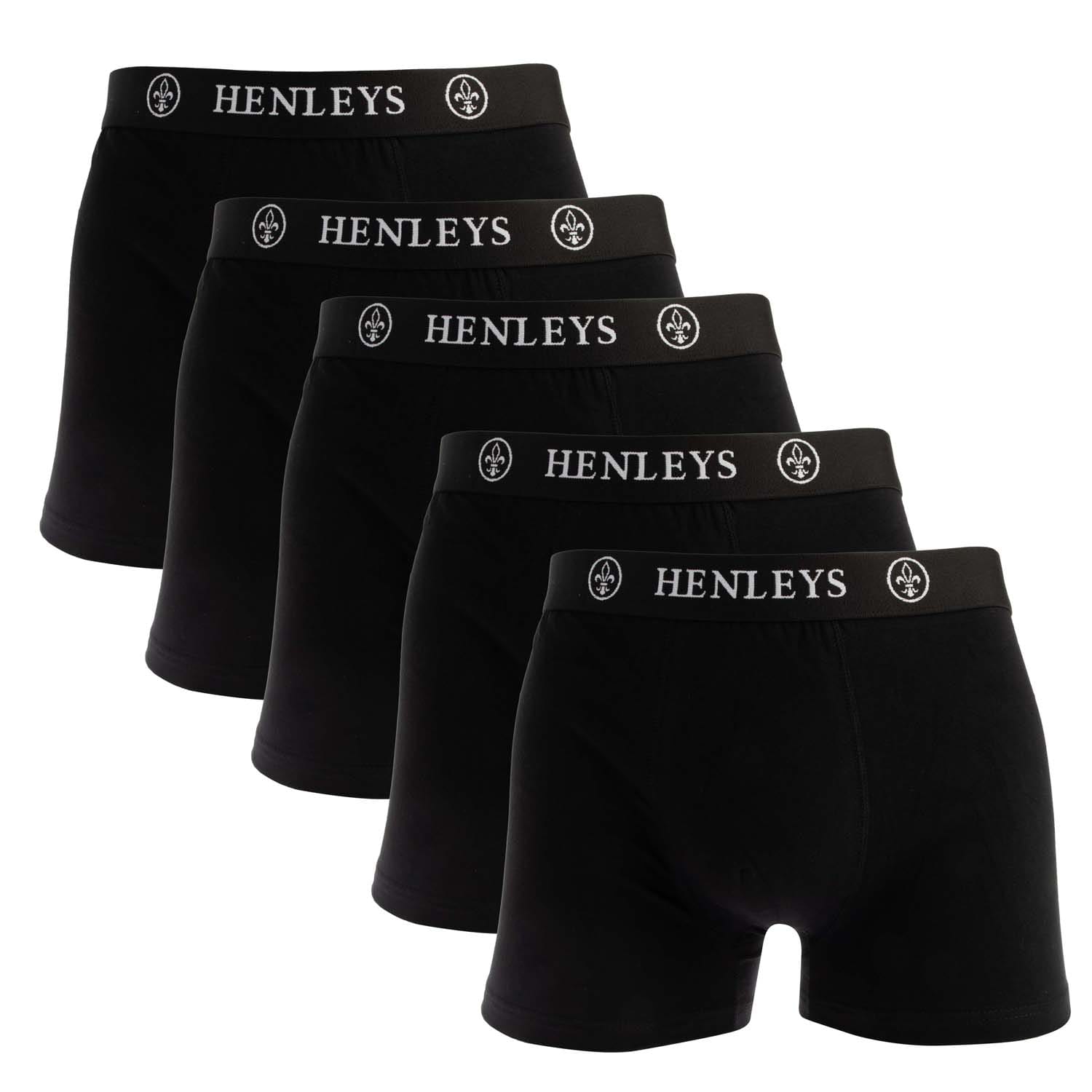 Henleys Mens McBlacken 5 Pack Boxer Shorts Black Cotton - Size Large