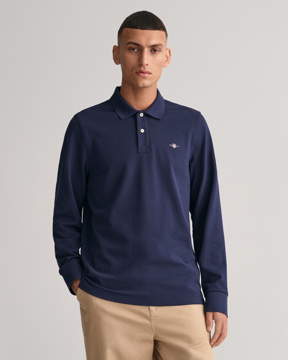 Gant Mens Regular Fit Long Sleeve Shield Logo Pique Rugger - Dark Blue Cotton - Size X-Large