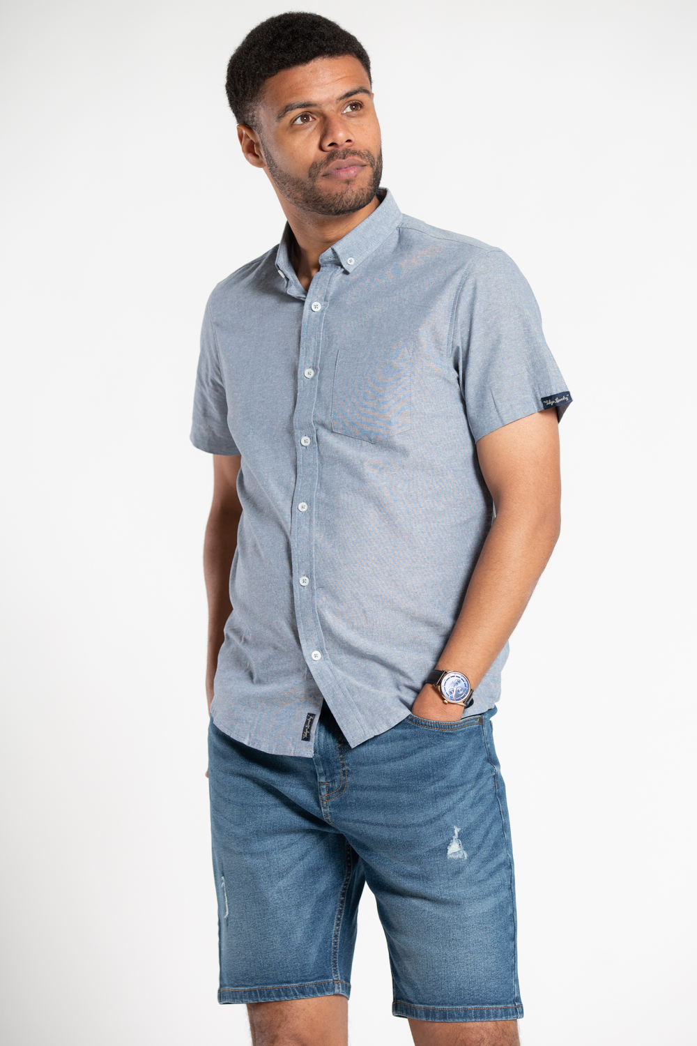 Tokyo Laundry Men's Blue Claudius Chambray Cotton Short Sleeve Shirt With Chest Pocket - Image 2