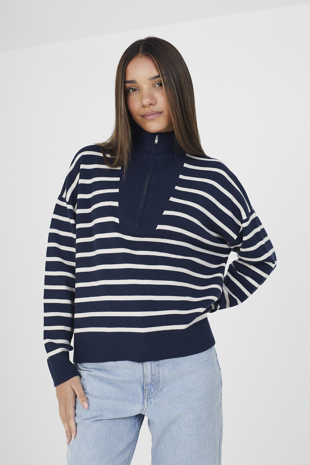Brave Soul Womens Navy 'Jottie' Striped 1/2 Zip Knitted Jumper - Size Small