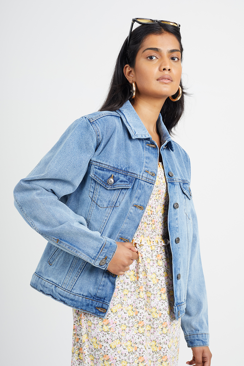 Brave Soul Womens Mid Blue 'Blooms' Western Style Denim Jacket Cotton - Size 8 UK