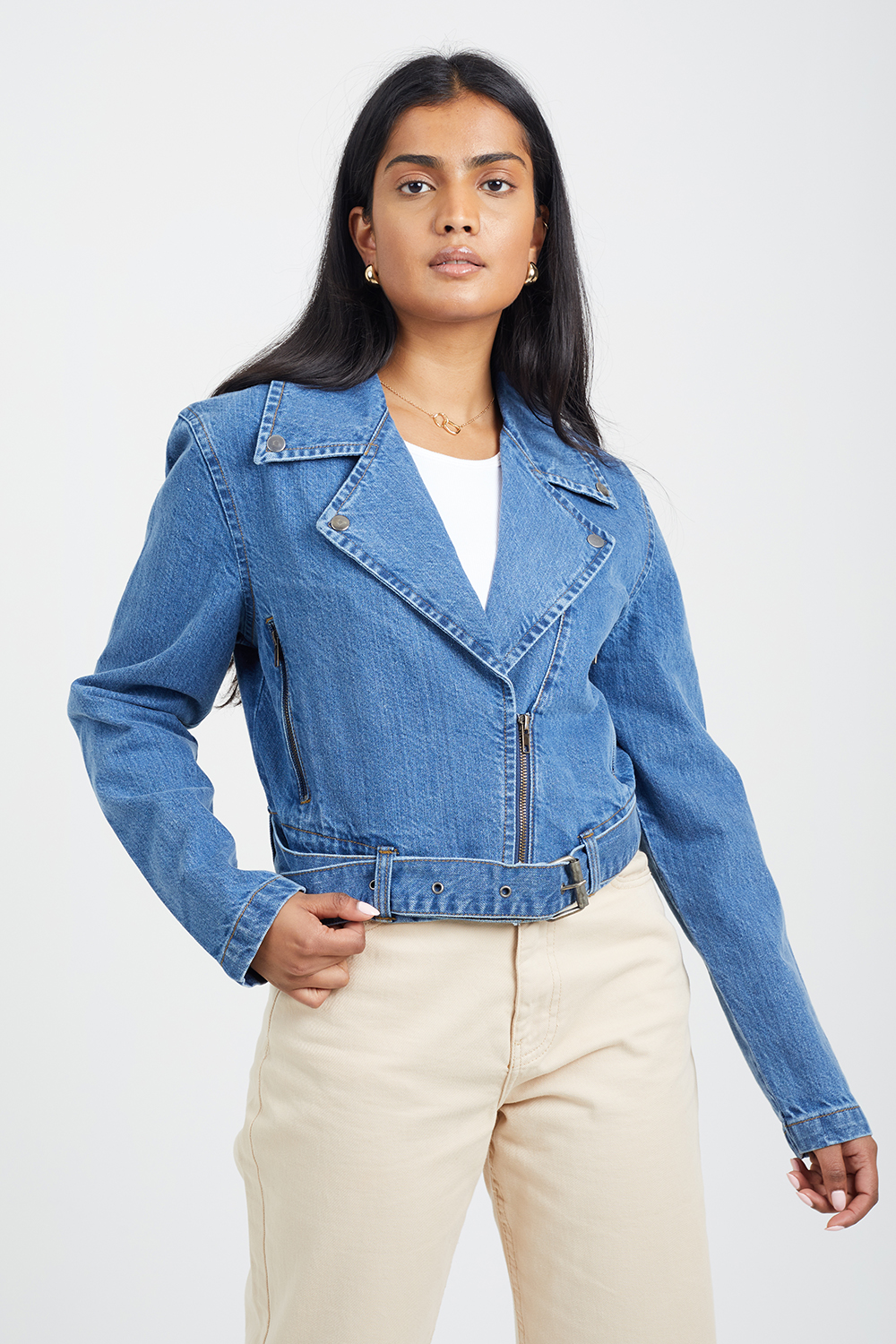 Brave Soul Women's Denim Biker Jacket in Mid Blue | Size: 14 - Image 2