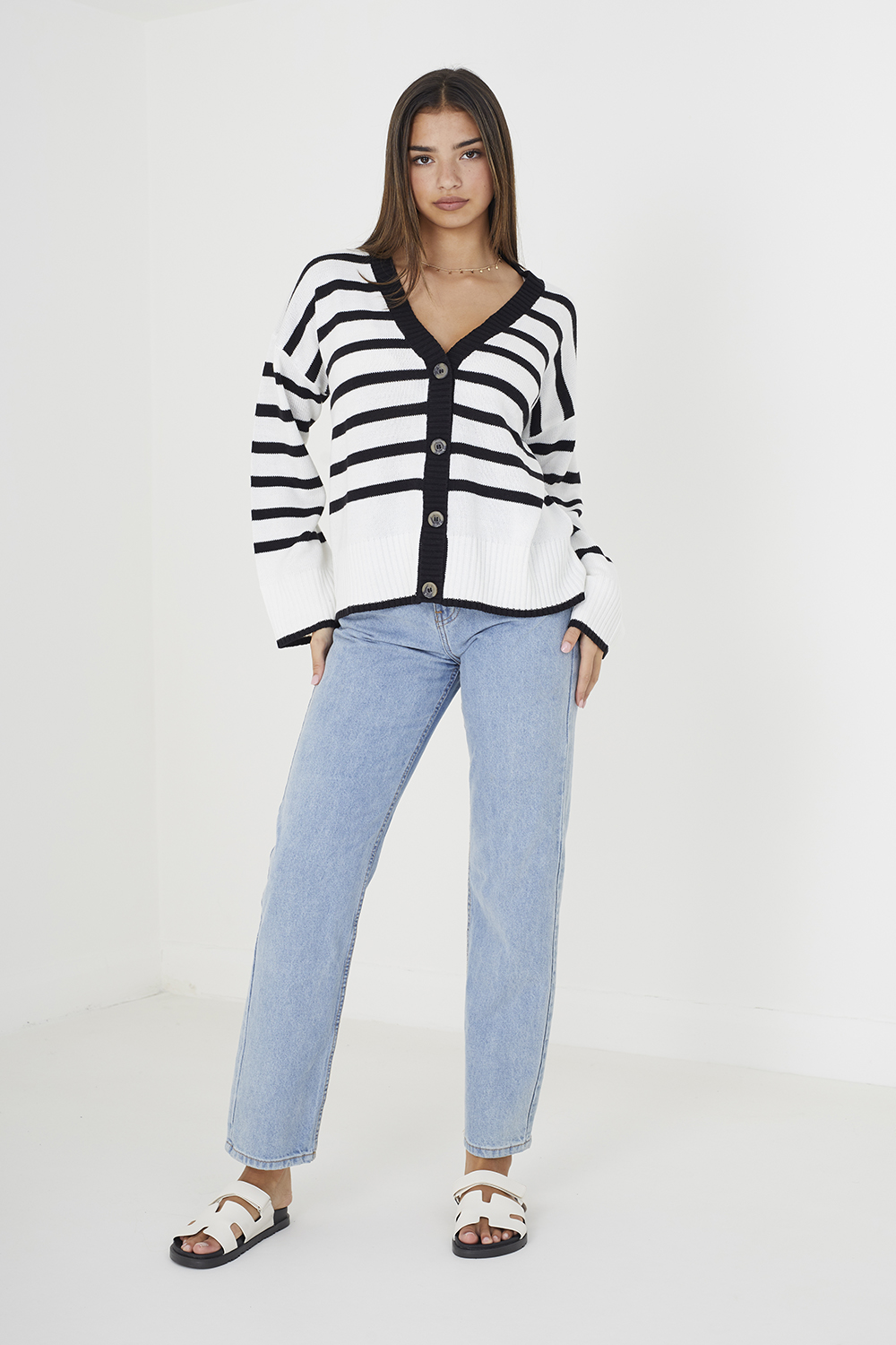 Brave Soul Womens Ivory 'Wave' V-Neck Striped Cardigan - Size X-Small