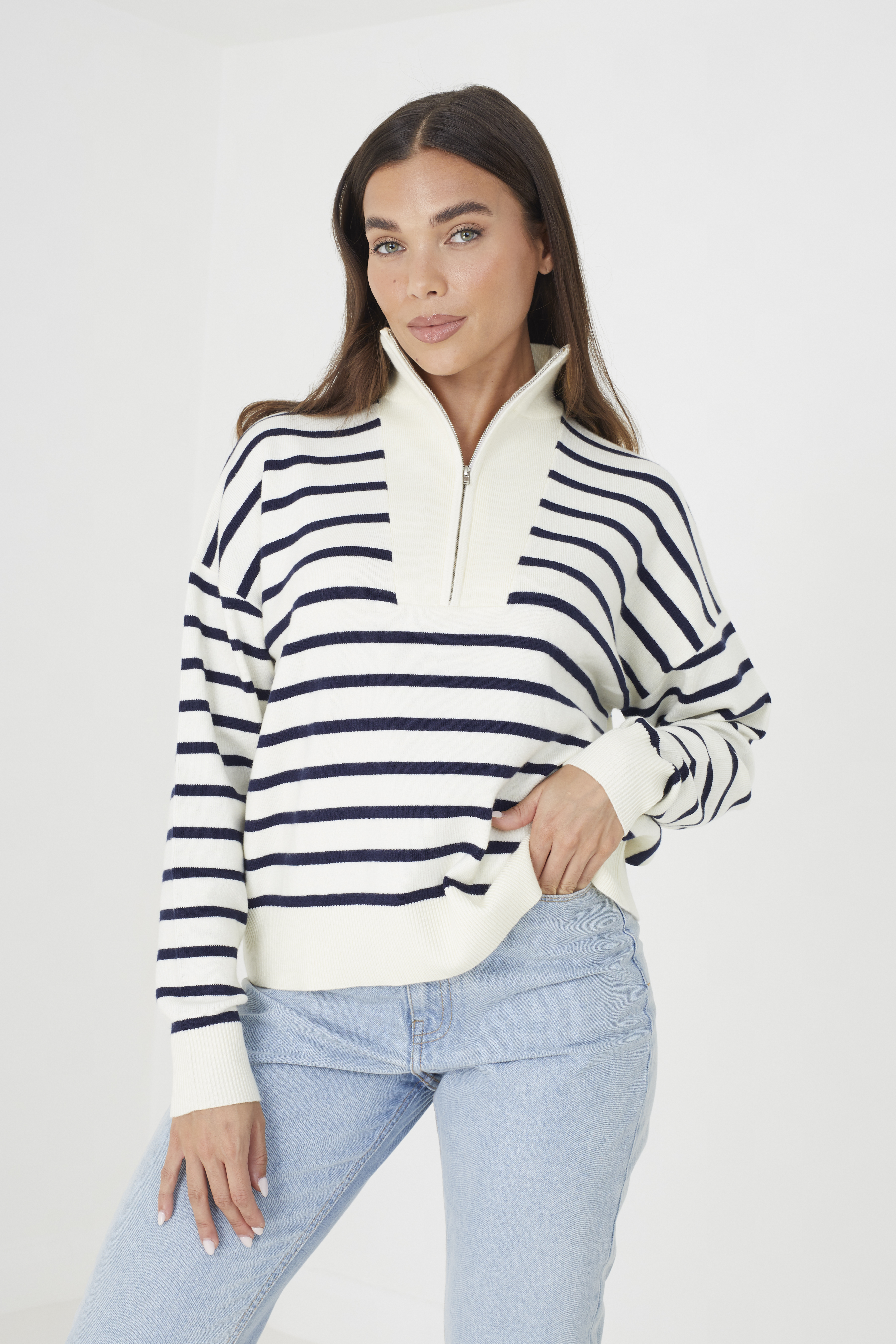 Brave Soul Womens Ivory 'Jottie' Striped 1/2 Zip Knitted Jumper - Size 2XL