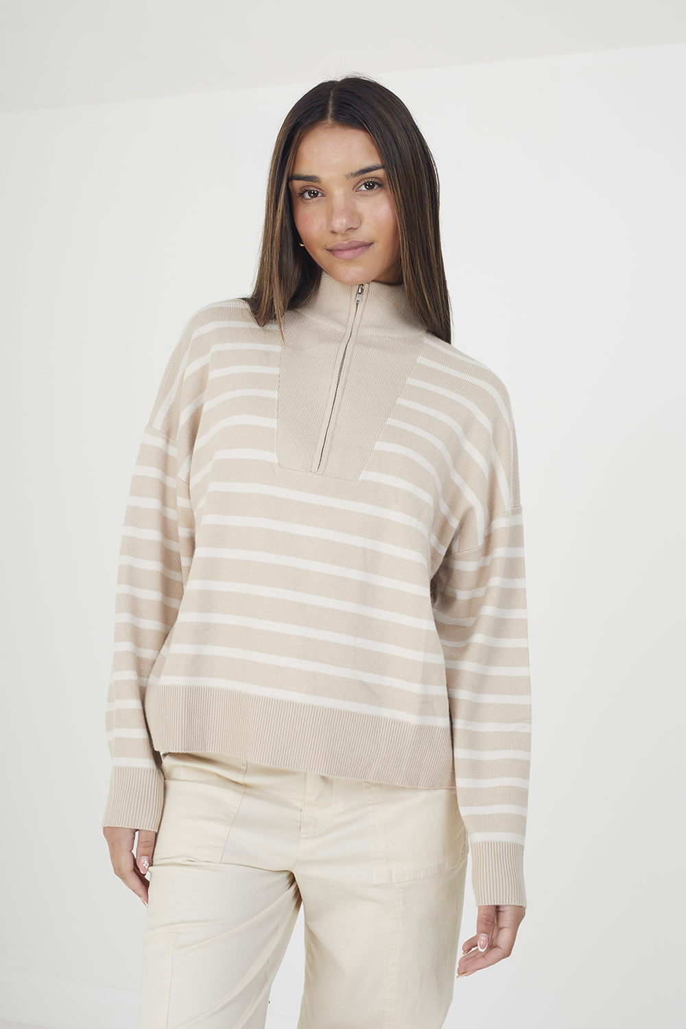 Brave Soul Womens Stone 'Jottie' Striped 1/2 Zip Knitted Jumper - Size X-Small