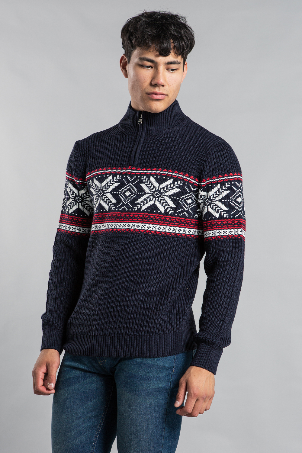 Tokyo Laundry Men's Dark Navy Festive 1/4 Zip Jacquard Knit Fairisle Jumper In | Size: Small - Image 2