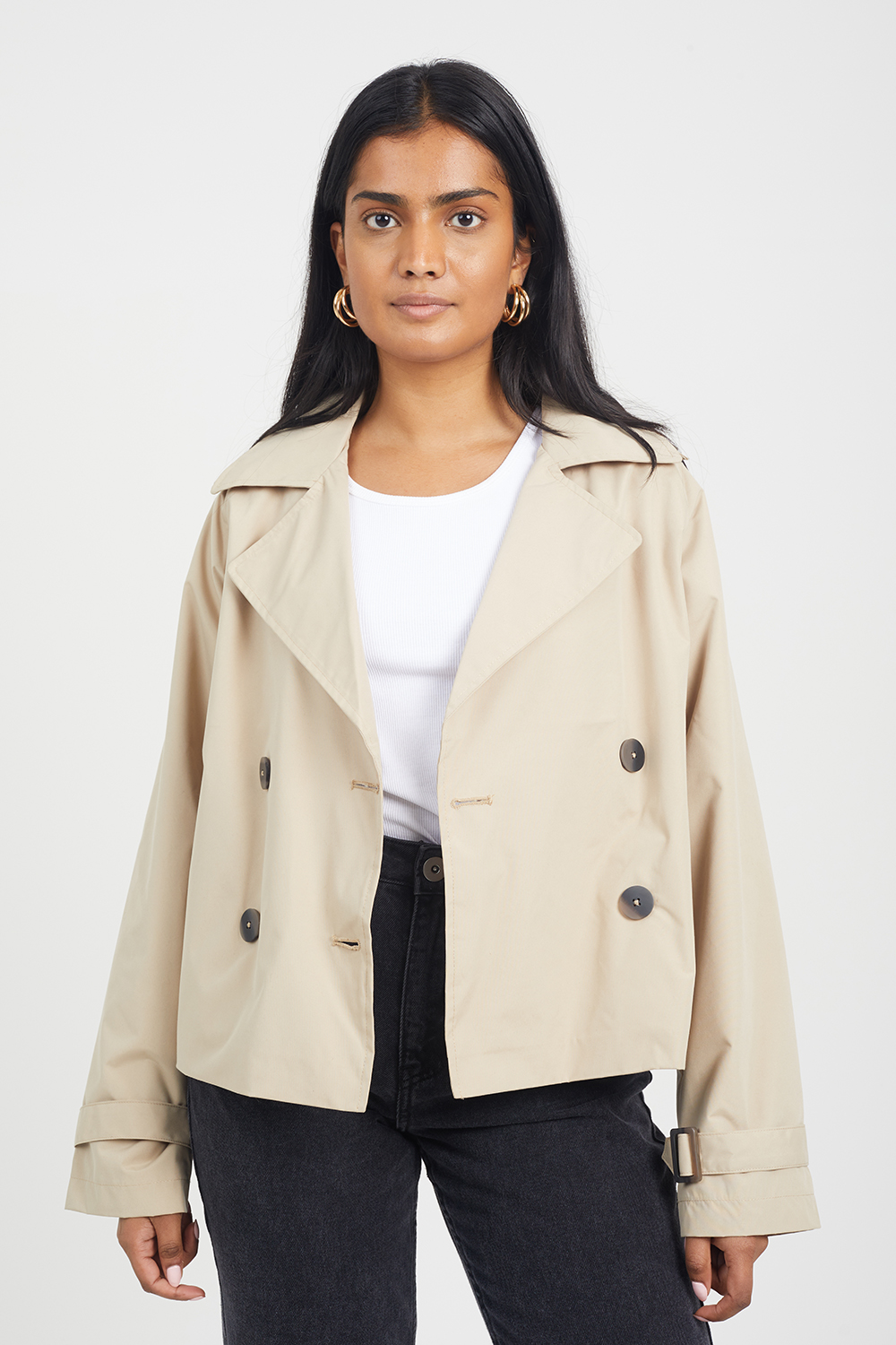 Brave Soul Womens Stone 'Brandy' Double Breasted Cropped Trench Coat - Size 14 UK