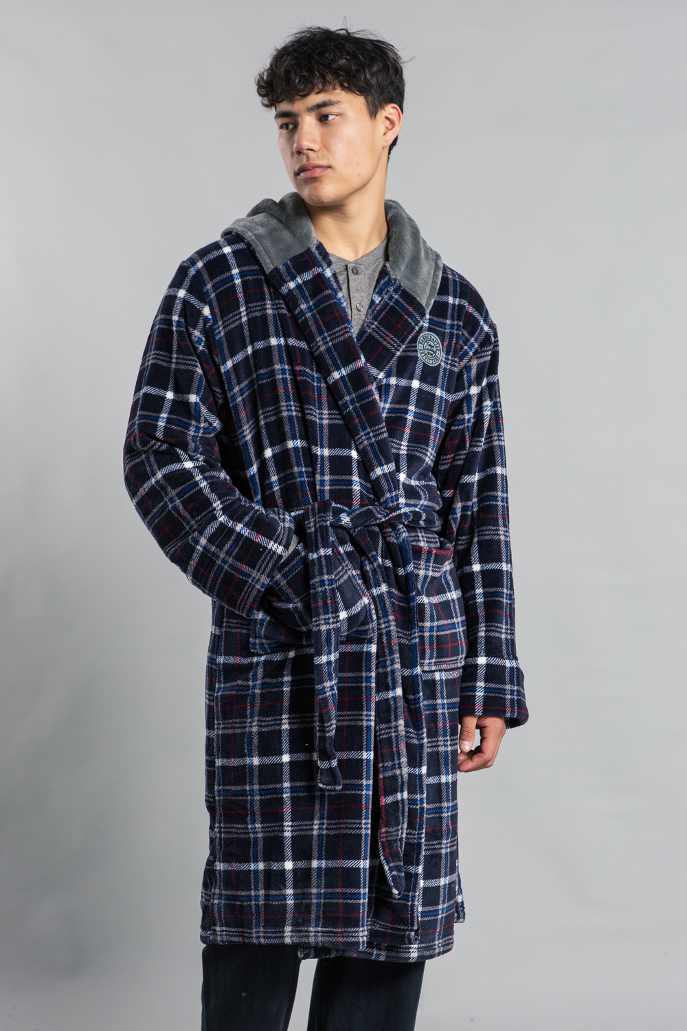Tokyo Laundry Mens Navy Hooded Check Dressing Gown Felt - Size X-Large