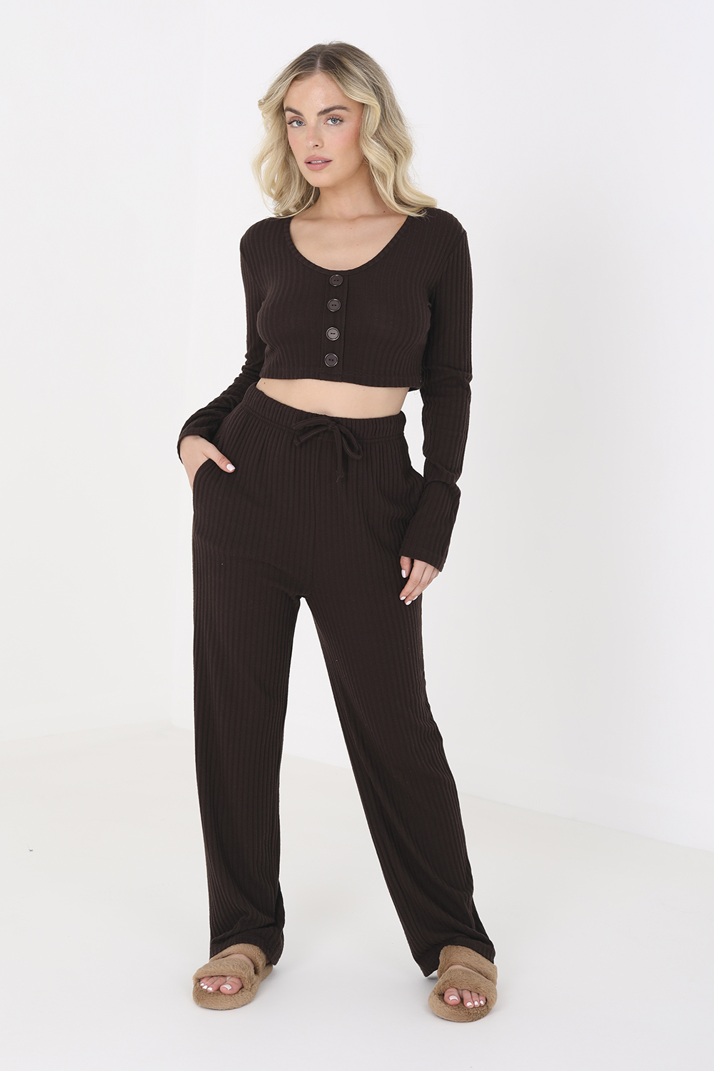 Brave Soul Women's Long Sleeve Cropped Top And Matching Trouser Lounge Set - Chocolate - 14 (L) - Image 3