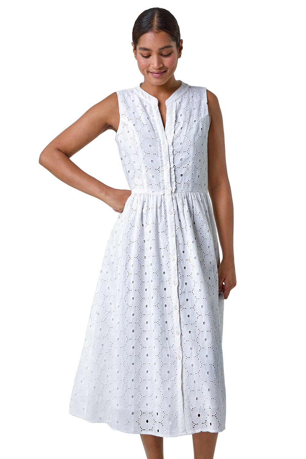 Roman Women's White Floral Cotton Broderie Midi Dress In Size 20 - Image 2