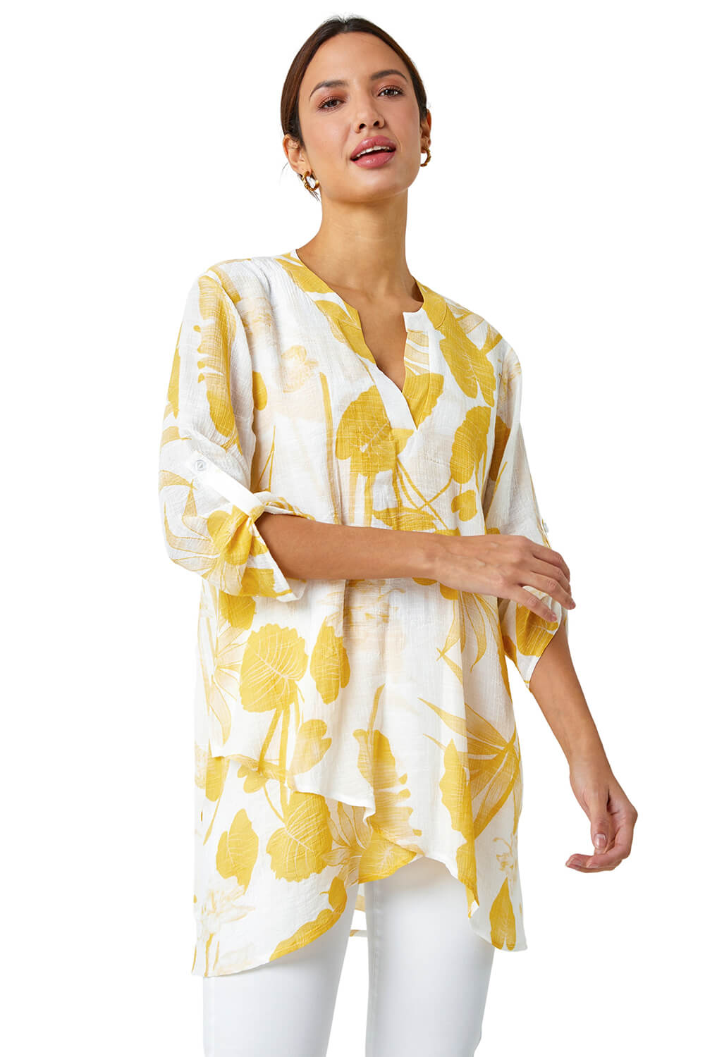 Roman Womens Palm Print Wrap Hem Tunic Top - Yellow - Size 14 UK - Image 2