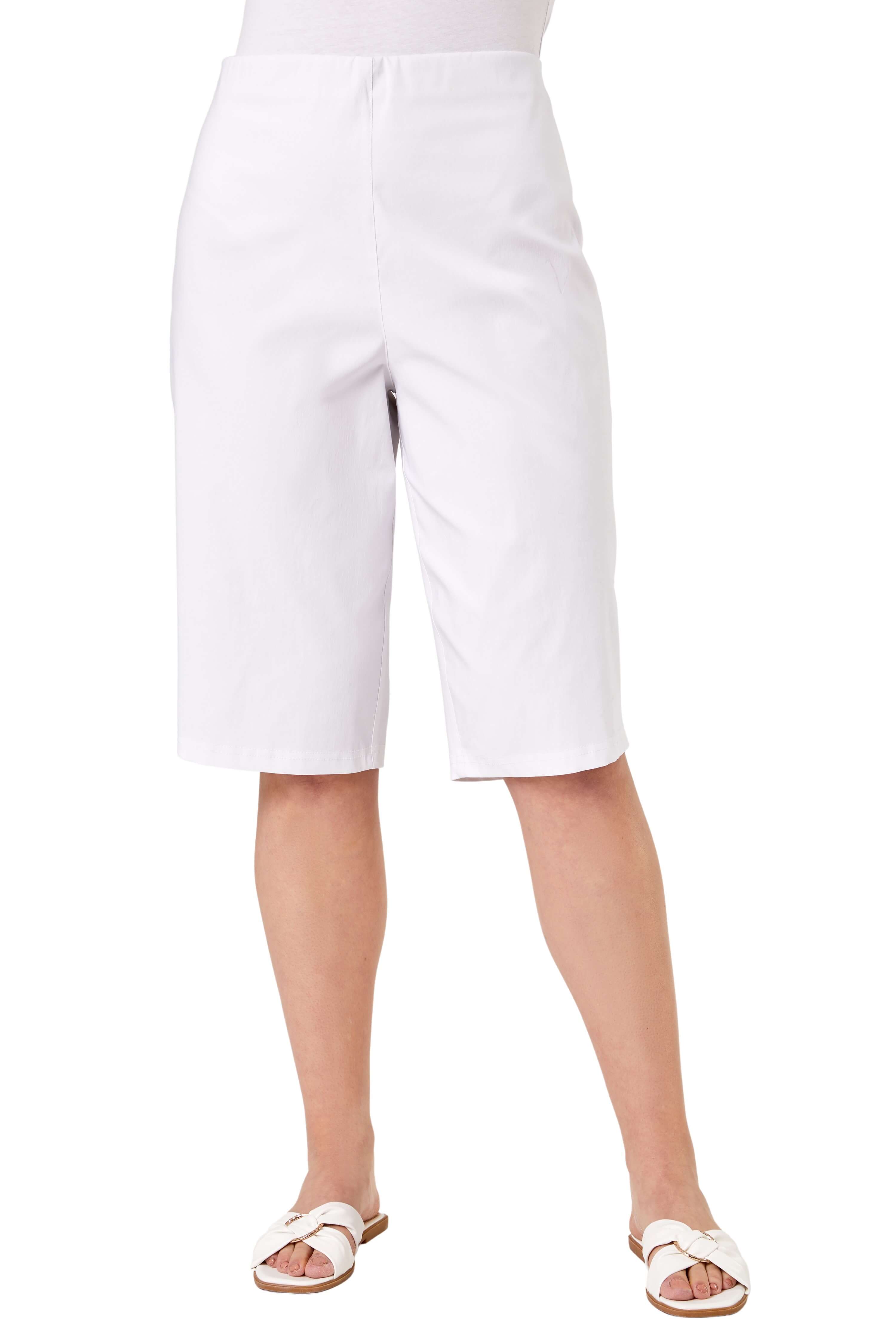 Roman Curve Women's White Elastic Waist Knee Shorts - Image 2