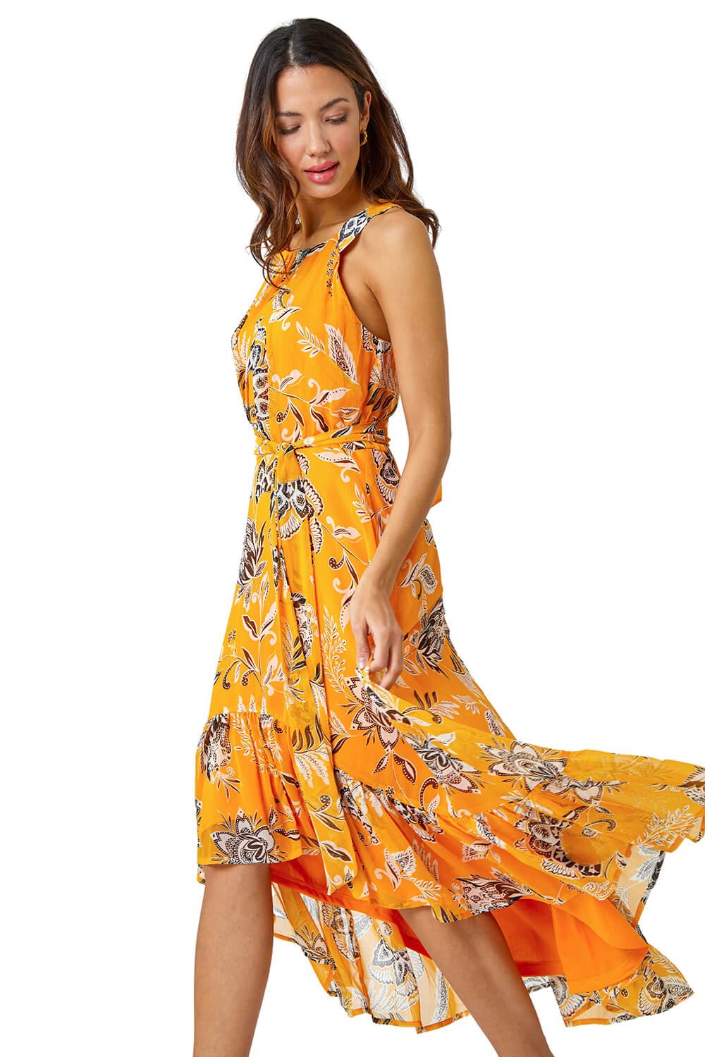 Roman Women's Yellow Sleeveless Floral Halter Neck Midi Dress Size 20 - Image 2