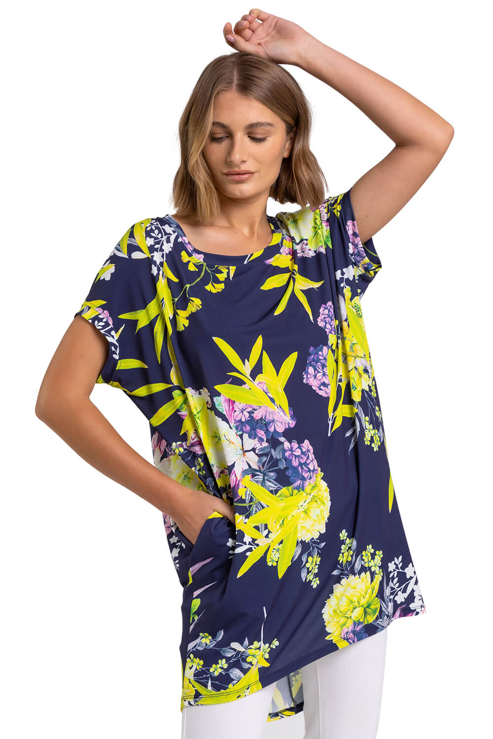 Roman Womens Floral Print Pocket Tunic Top - Yellow - Size 12 UK