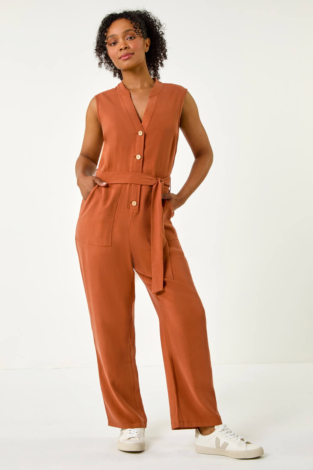 Roman Petite Womens Button Detail Pocket Jumpsuit - Brown - Size 18 UK