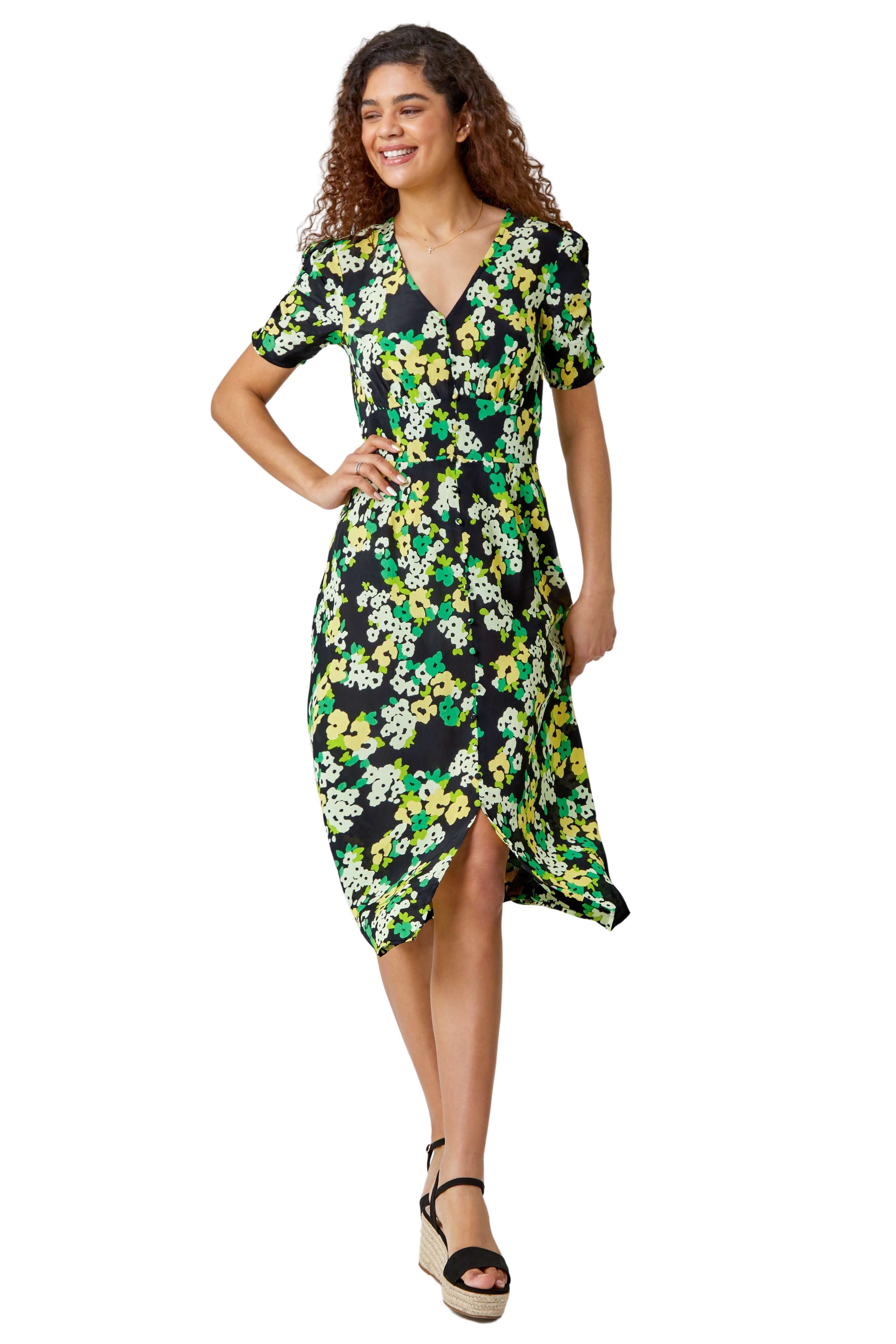 Roman Womens Ditsy Floral Ruched Sleeve Midi Dress - Green - Size 10 UK - Image 2