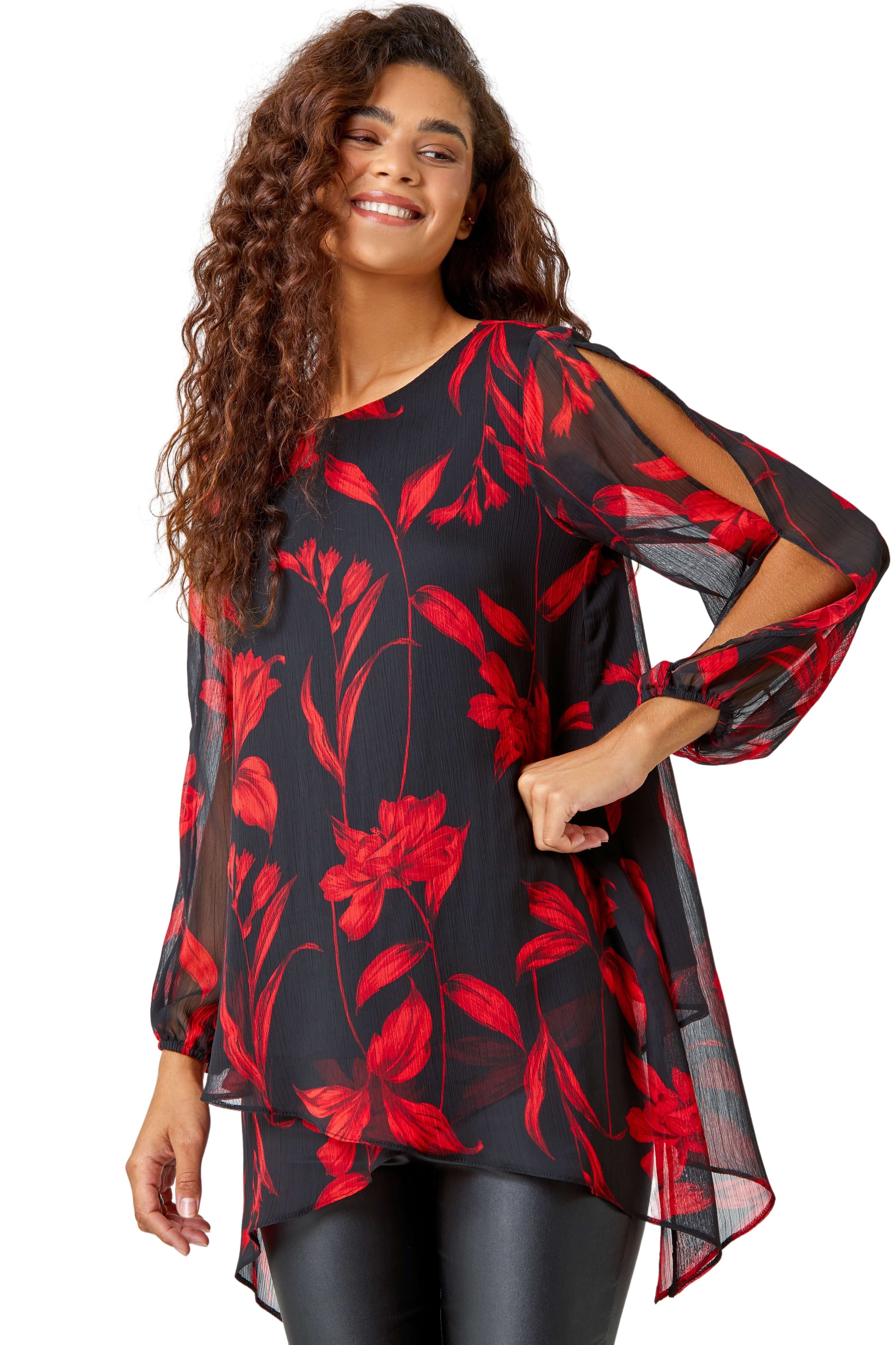 Roman Women's Red Floral Chiffon Laye Tunic Top Size 12 - Image 2
