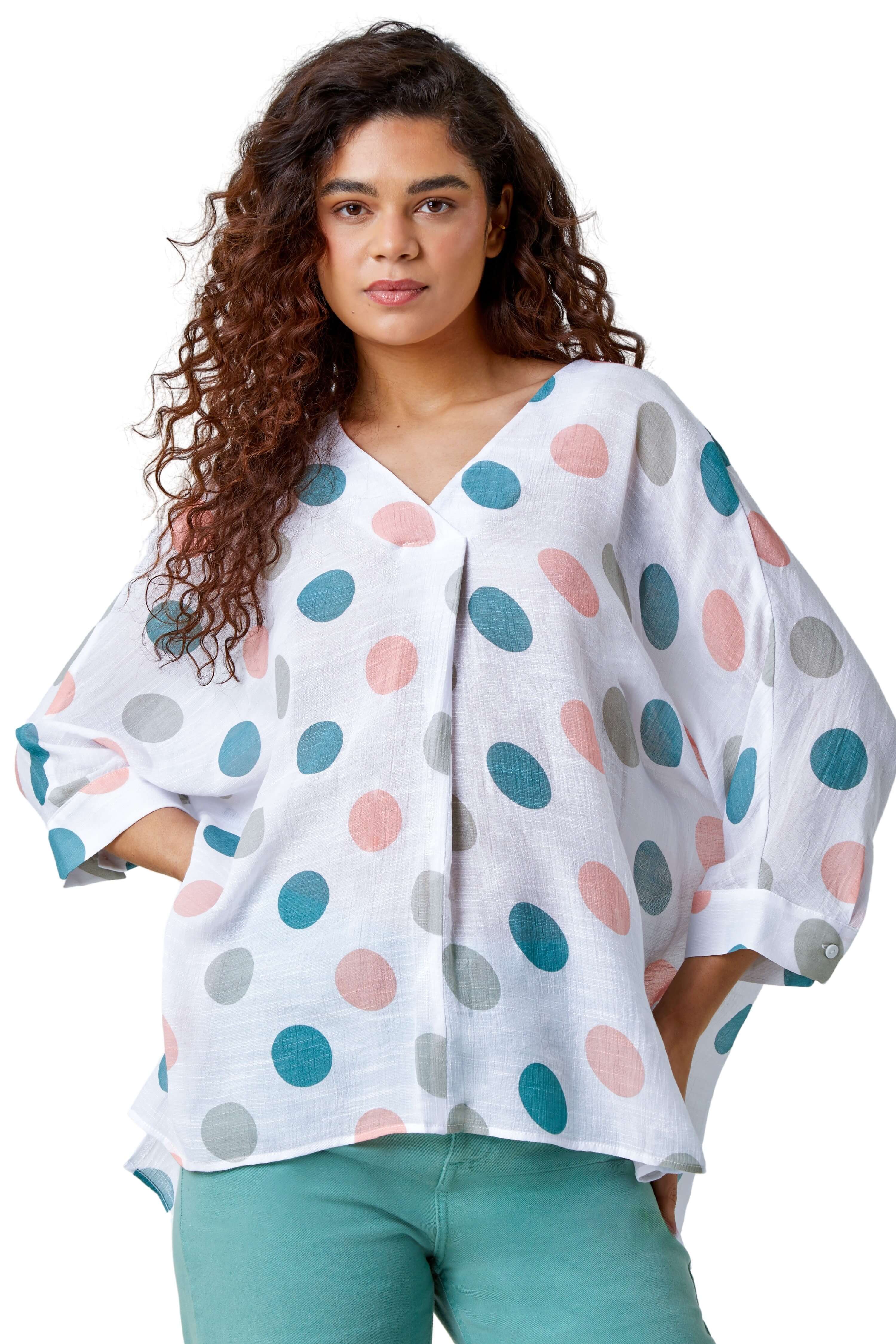 Roman Women's Green Polka Dot Print Pleat Front Top In Size 10 - Image 2
