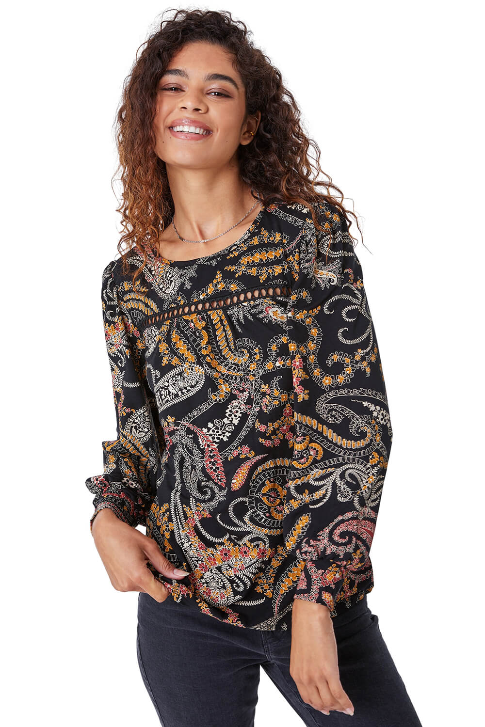 Roman Women's Black Paisley Lace Trim Top Size 10 - Image 2