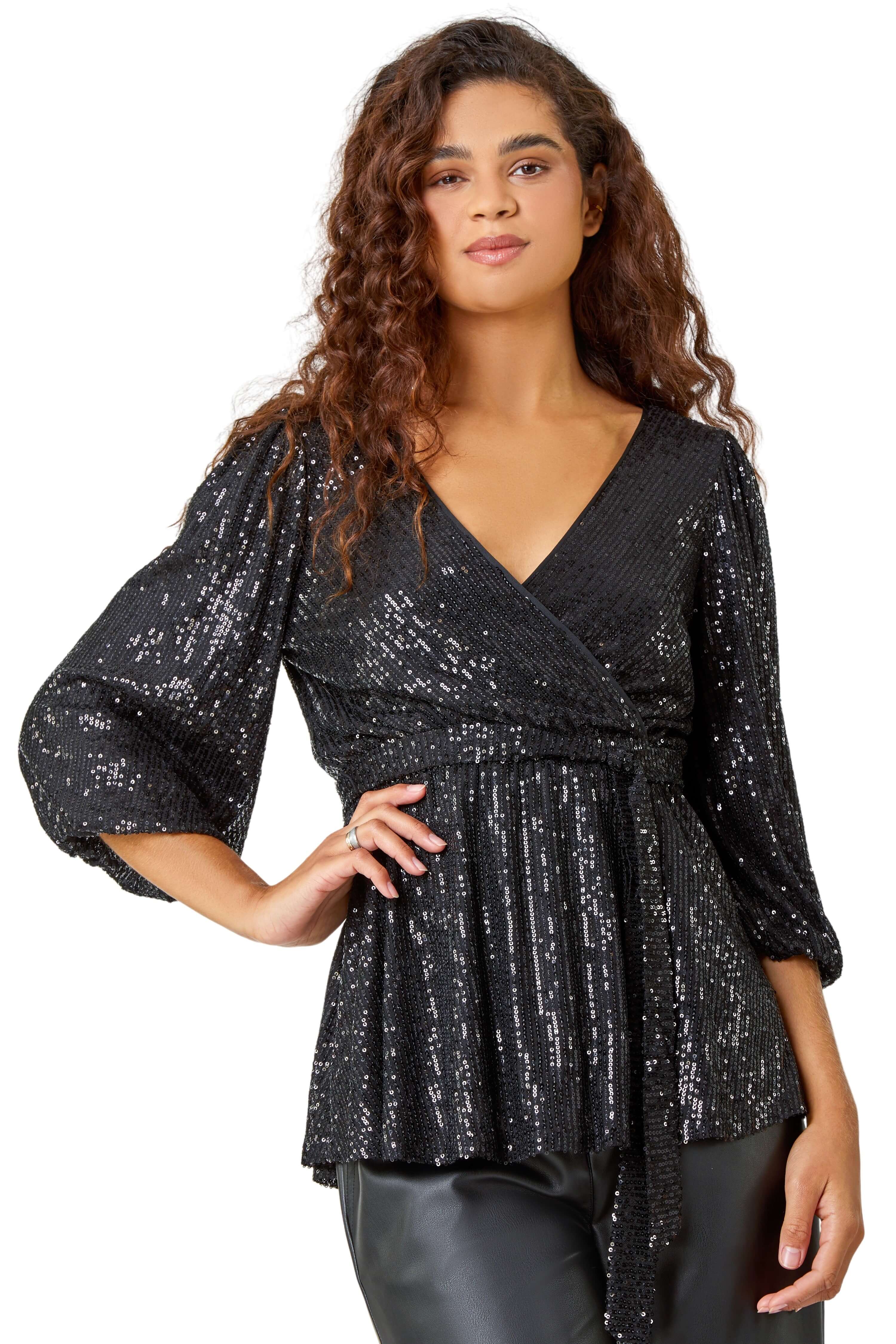Roman Women's Black Embellished Sequin Stretch V-Neck Wrap Top In | Size: 10 - Image 3