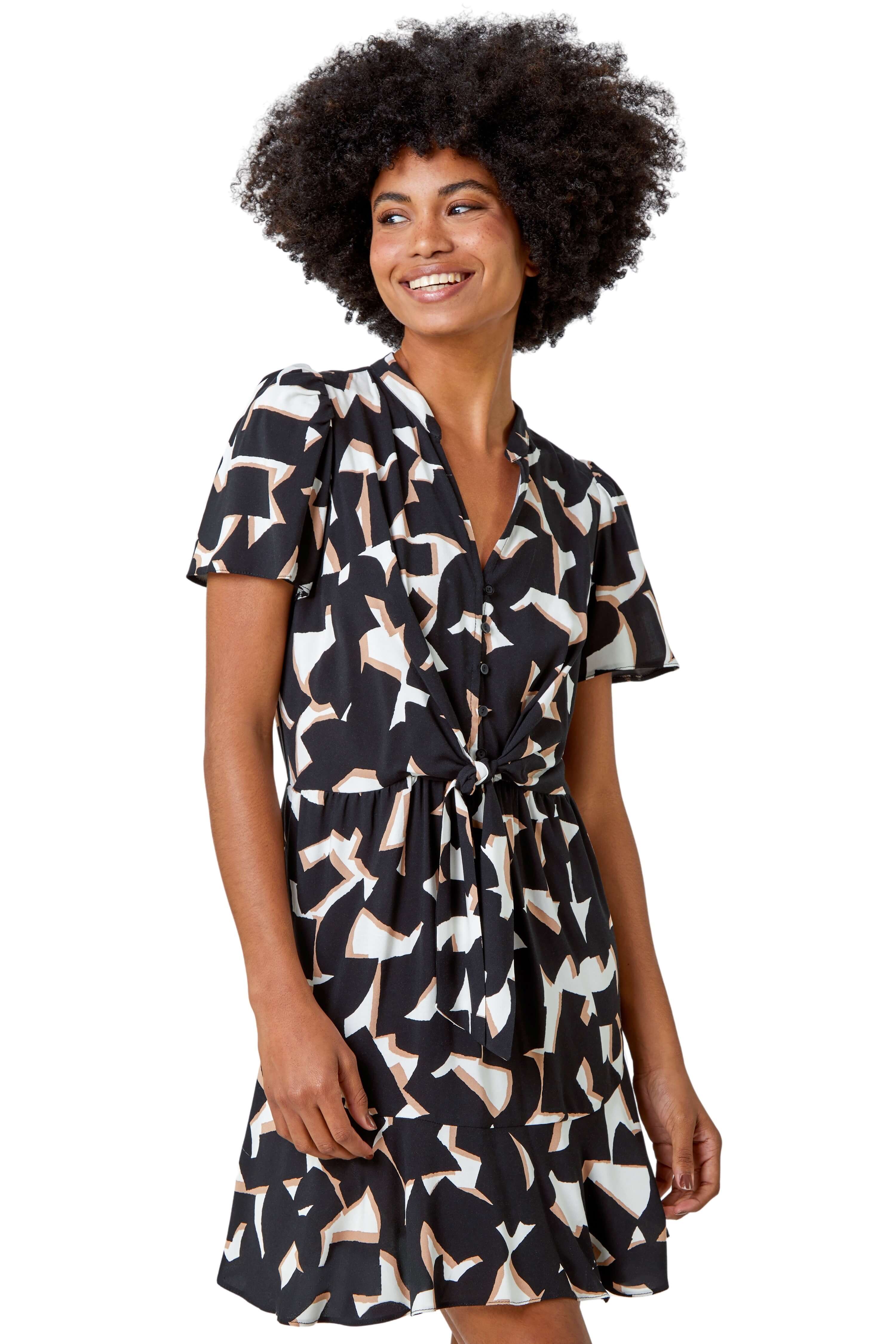 Roman Women's Black Geometric Print Frill Hem Skater Dress Size 20 - Image 2
