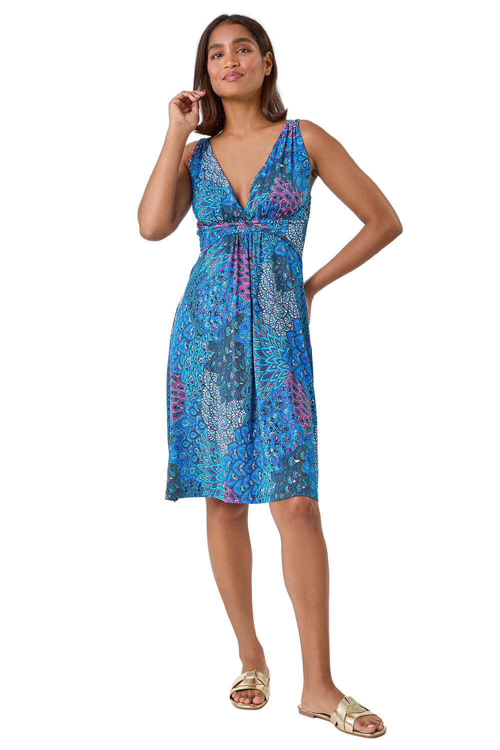 Roman Women's Blue Abstract Floral Stretch Jersey Dress Size 20 - Image 2